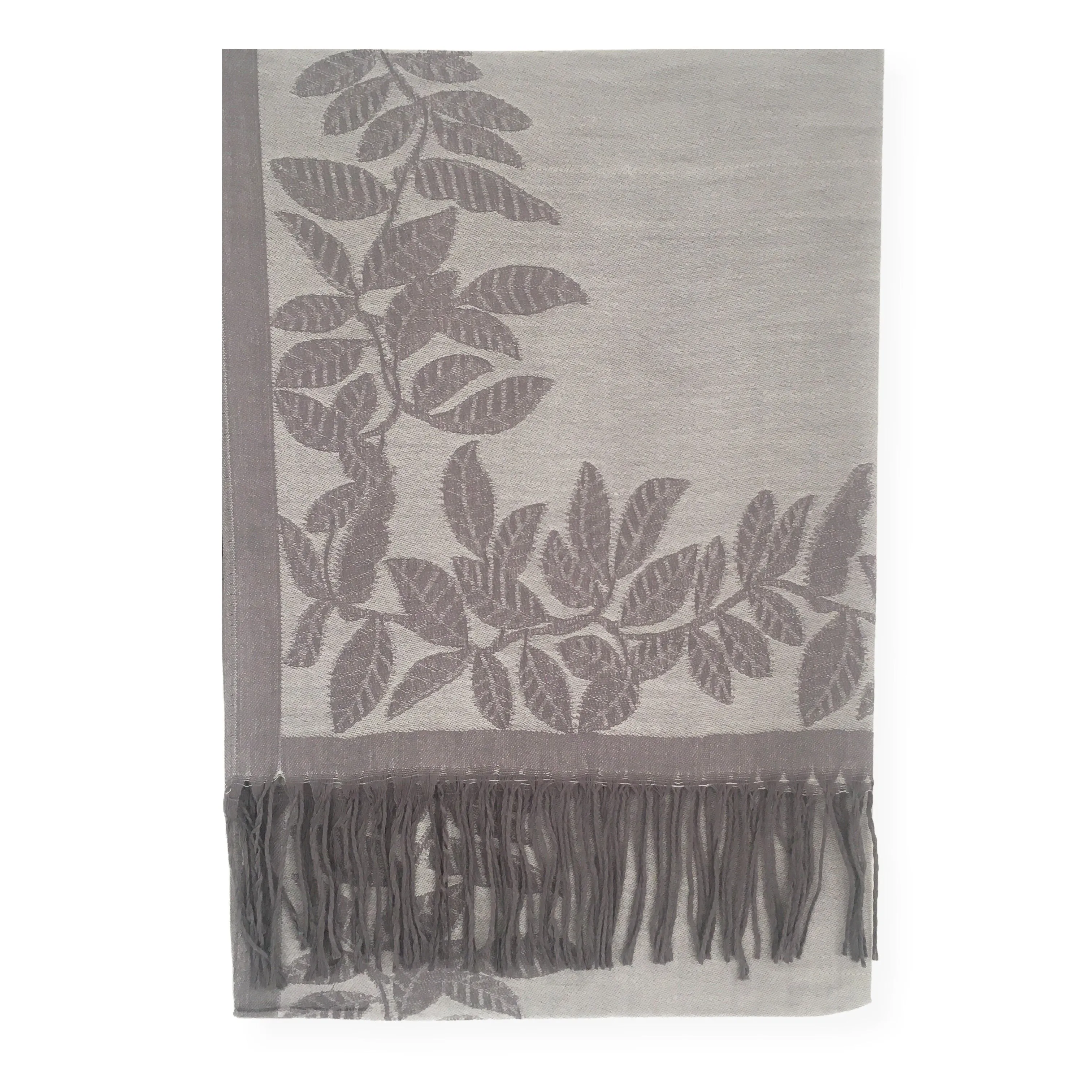 LARGE SILVER GREY LEAF PRINT REVERSIBLE PASHMINA SHAWL SCARF