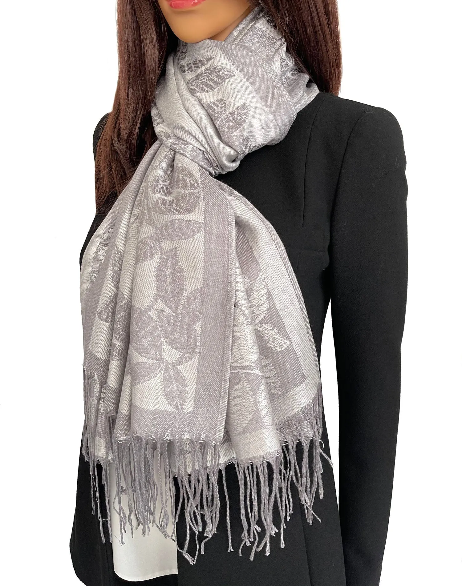 LARGE SILVER GREY LEAF PRINT REVERSIBLE PASHMINA SHAWL SCARF