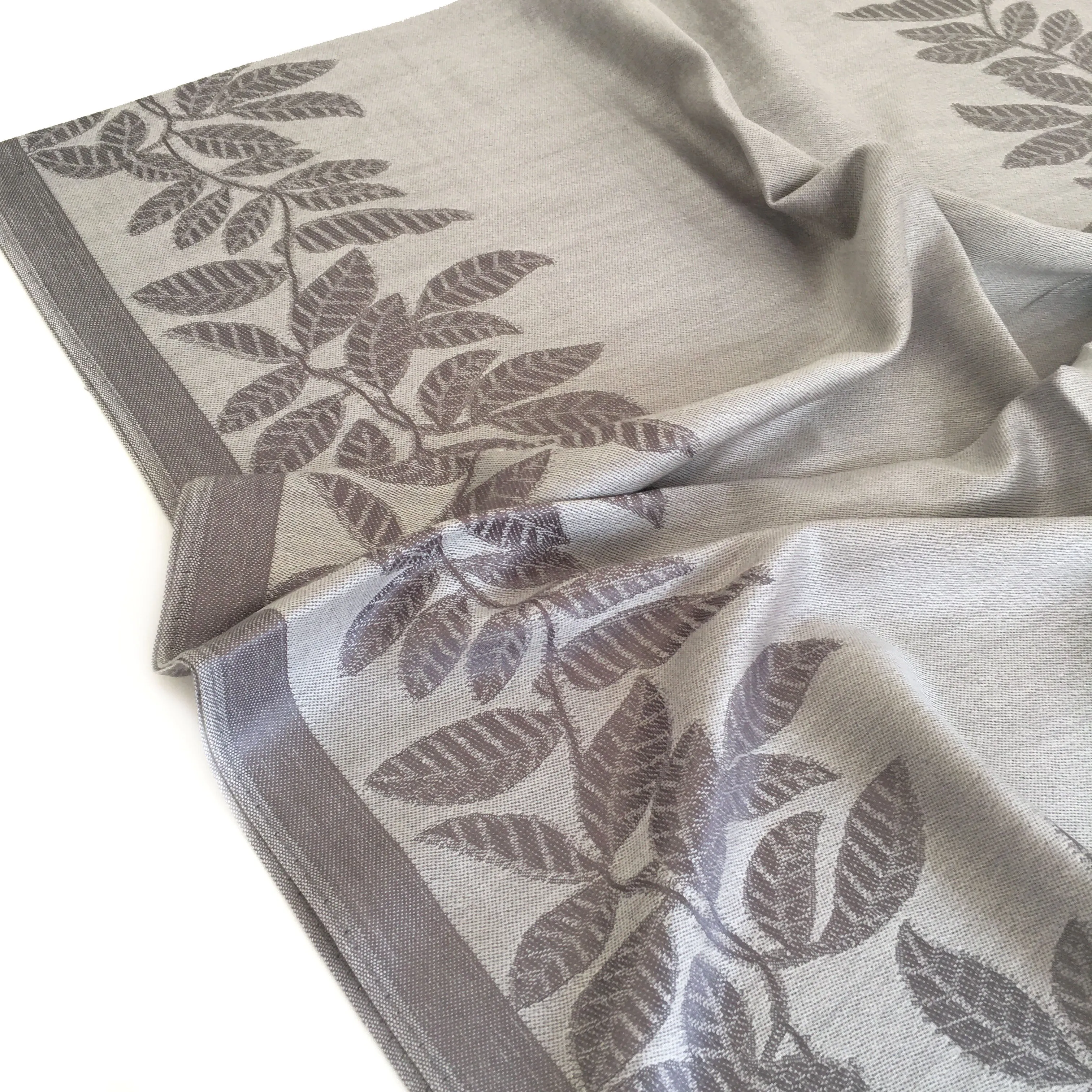 LARGE SILVER GREY LEAF PRINT REVERSIBLE PASHMINA SHAWL SCARF