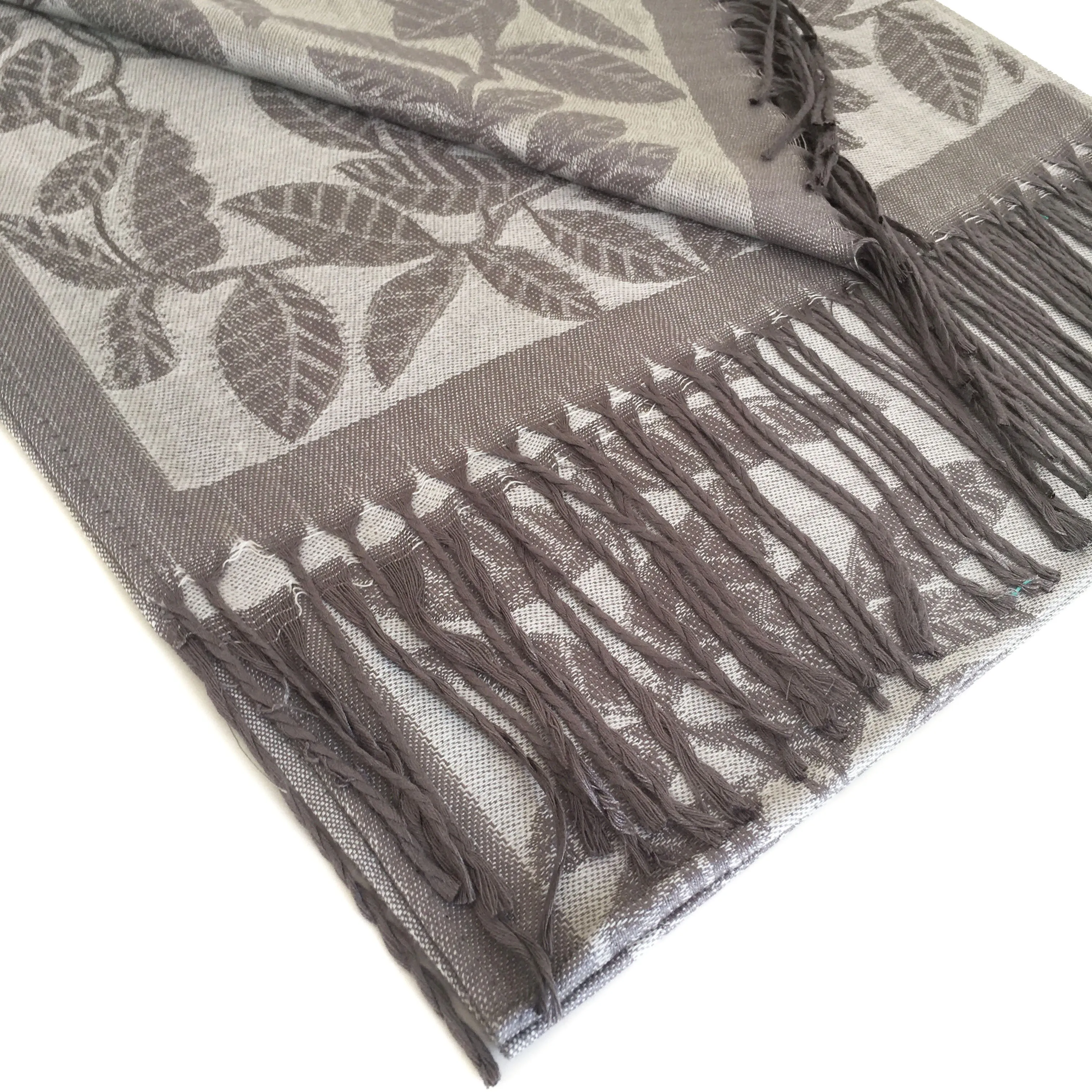 LARGE SILVER GREY LEAF PRINT REVERSIBLE PASHMINA SHAWL SCARF