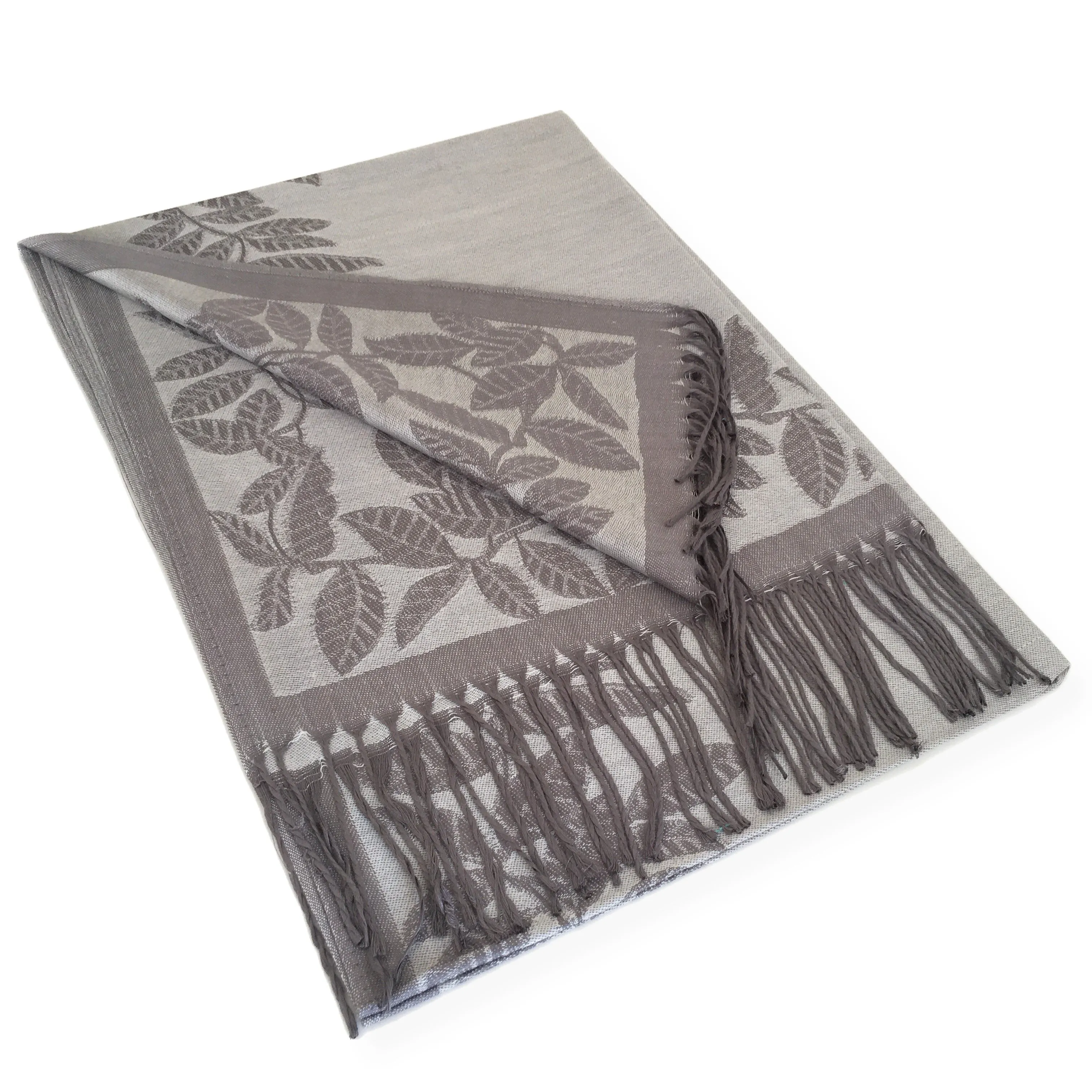 LARGE SILVER GREY LEAF PRINT REVERSIBLE PASHMINA SHAWL SCARF