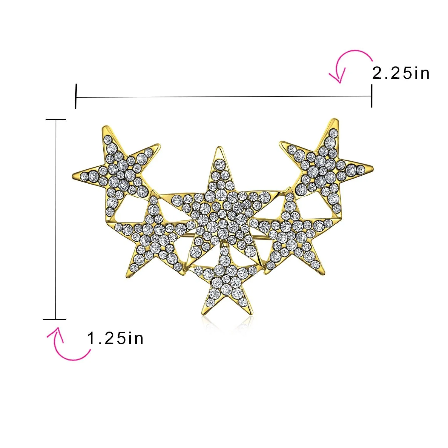 Large Statement Patriotic 6 Crystal Stars Brooch Pin Gold Plated