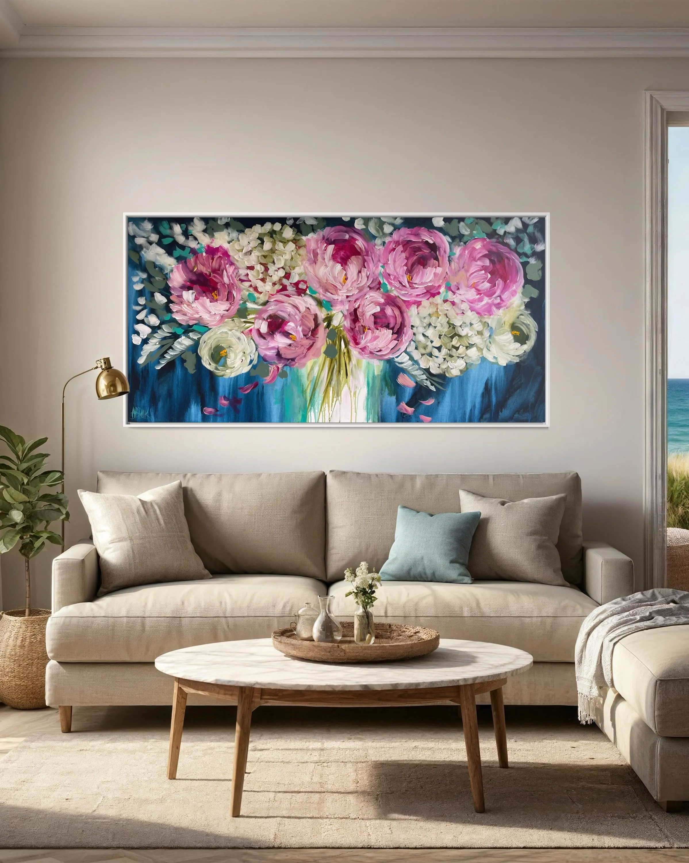 Magenta peony and  hydrangeas -Original on gallery canvas 75x150 cm