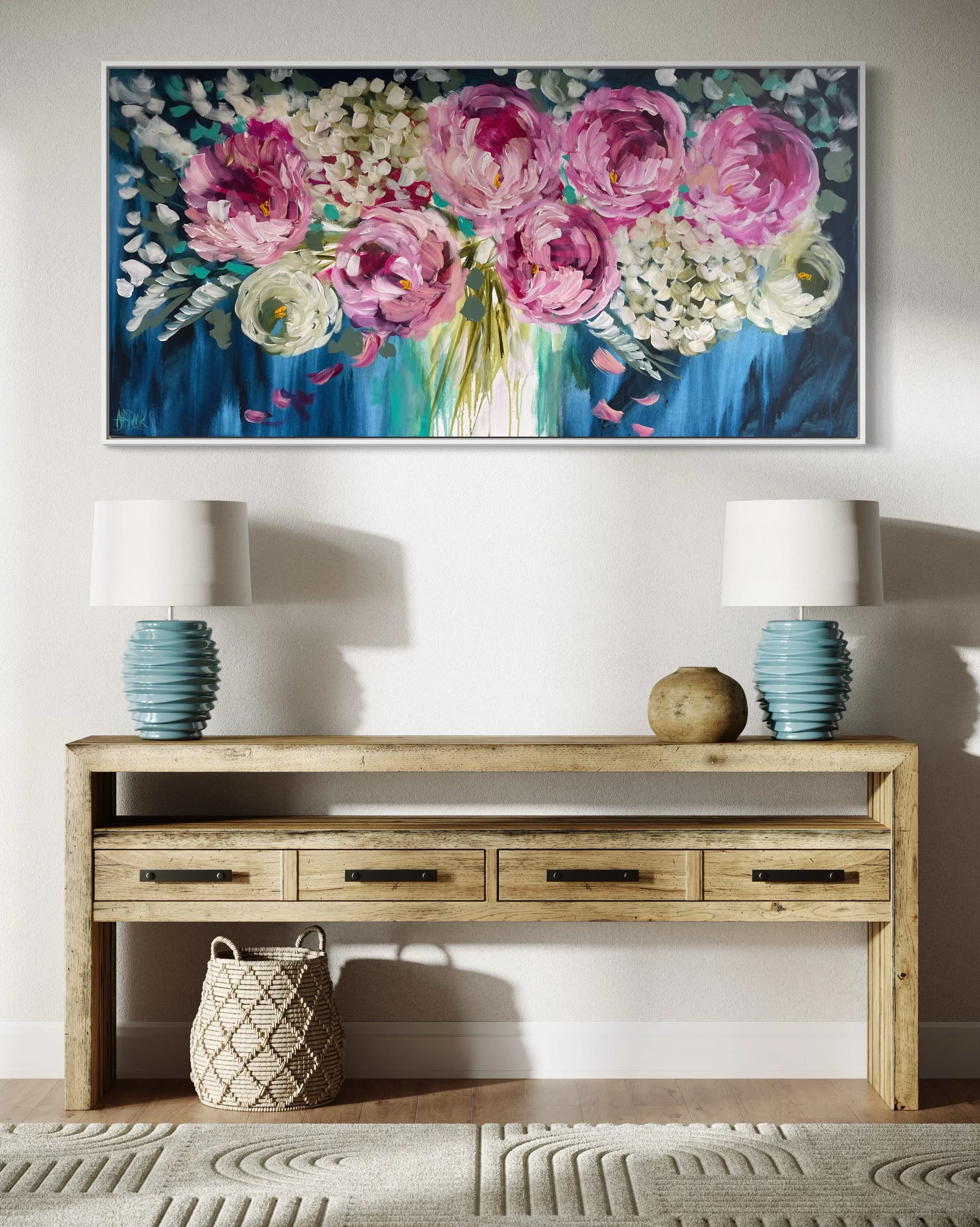 Magenta peony and  hydrangeas -Original on gallery canvas 75x150 cm