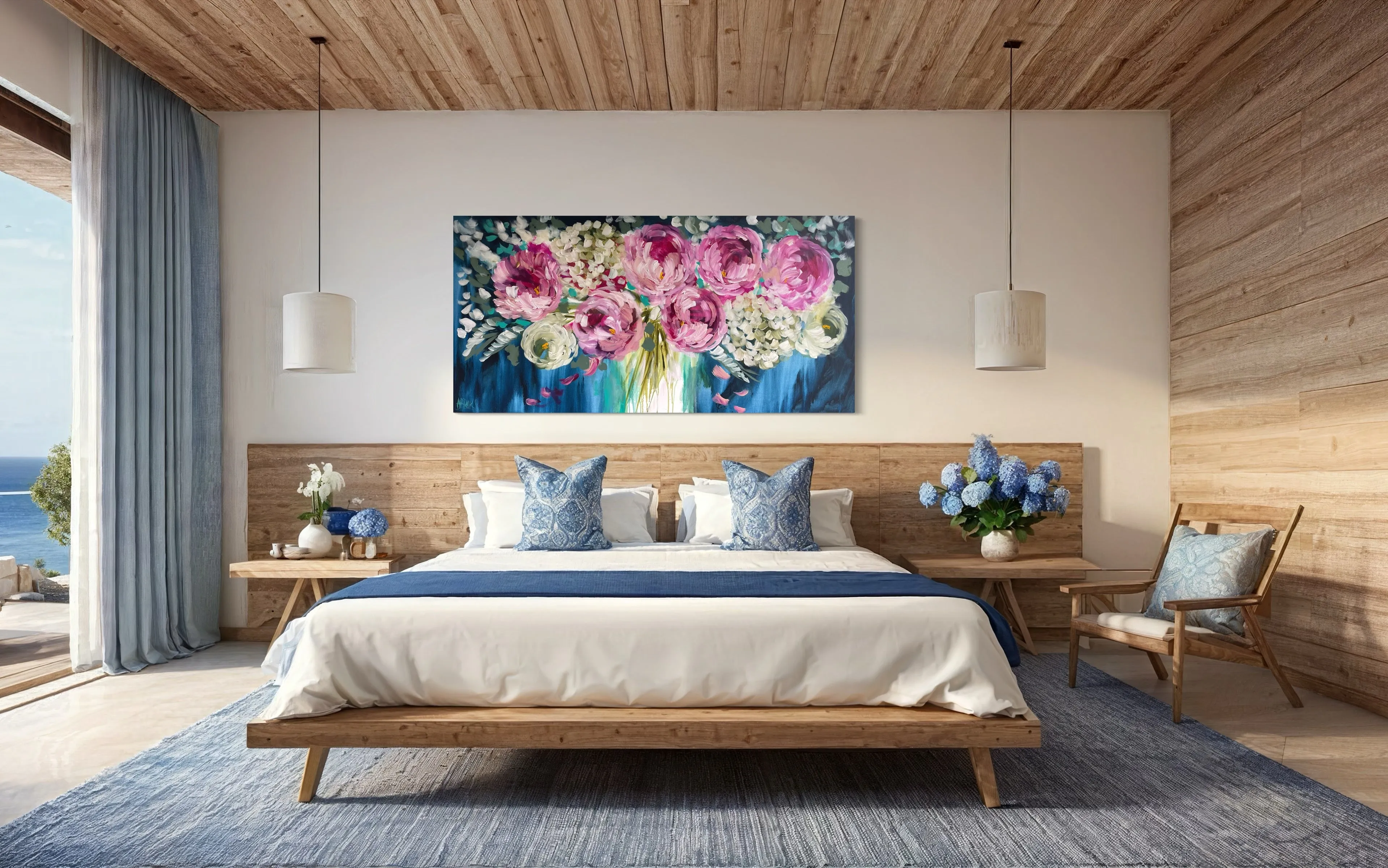 Magenta peony and  hydrangeas -Original on gallery canvas 75x150 cm