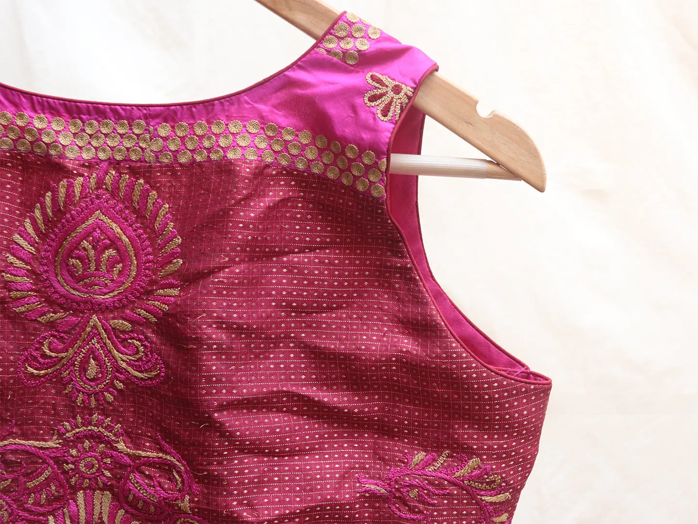 Magenta pink and Barn red, Karnataka silk, Hand embroidery blouse