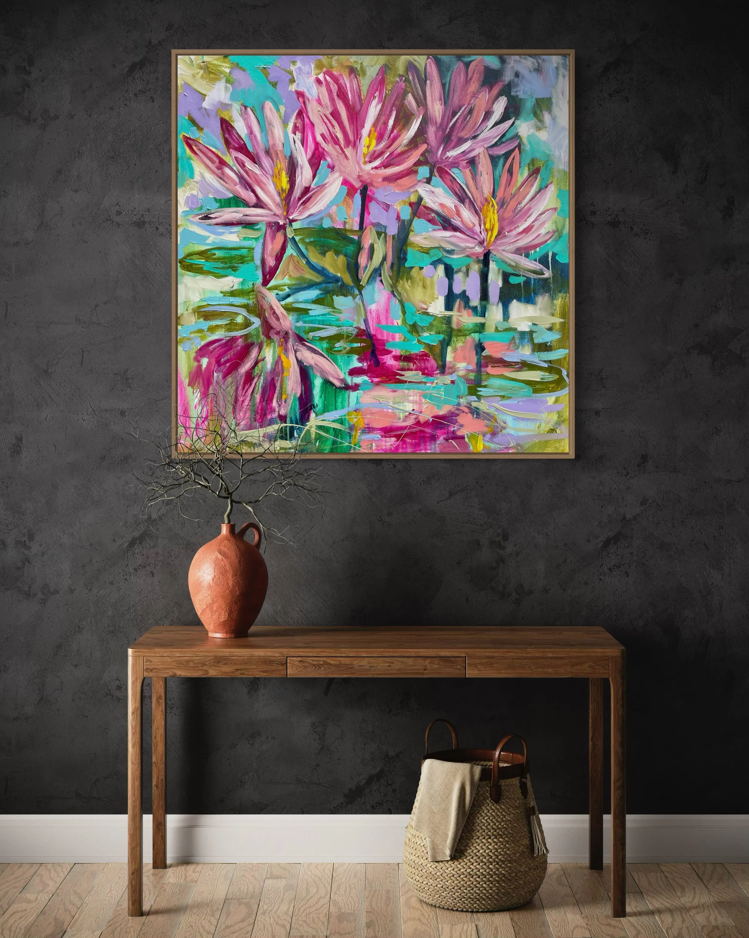 Magenta waterlily -original on belgian linen  - 90x90 Cm