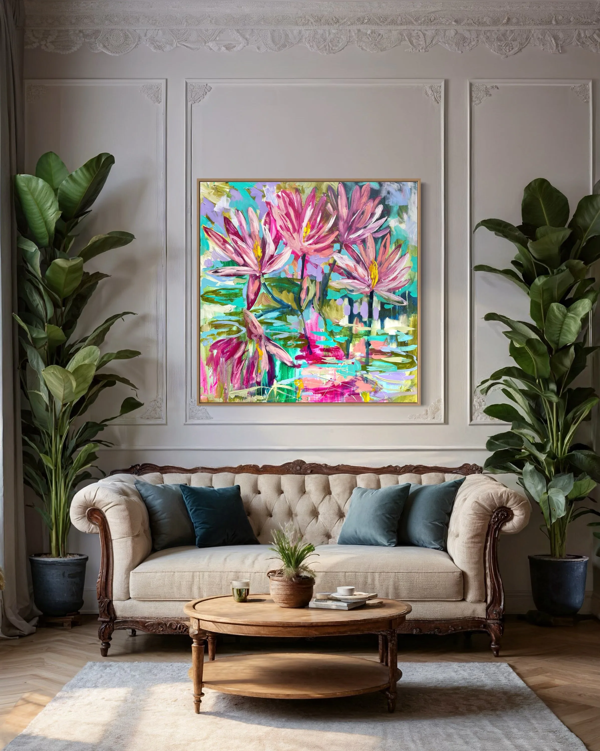 Magenta waterlily -original on belgian linen  - 90x90 Cm