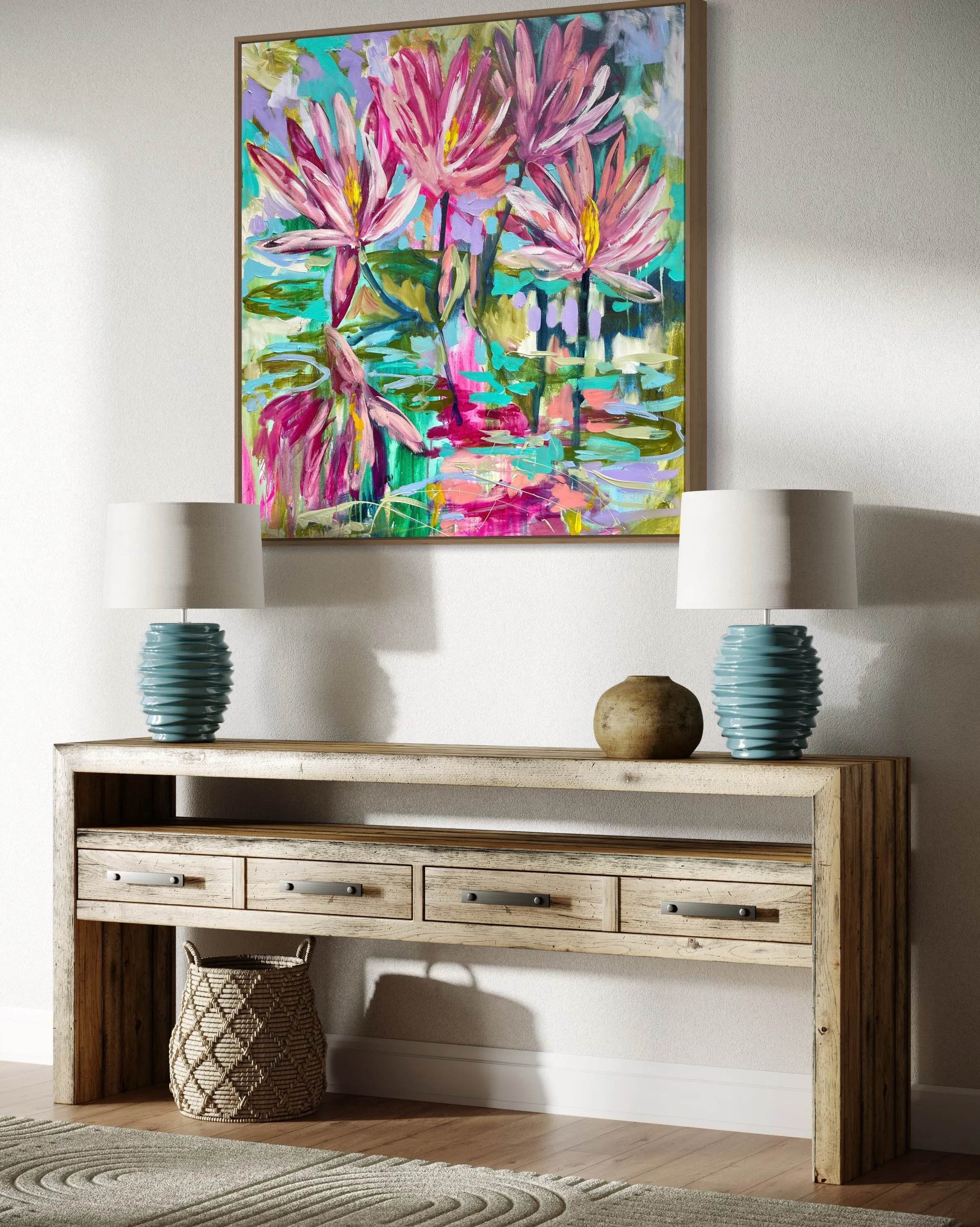 Magenta waterlily -original on belgian linen  - 90x90 Cm