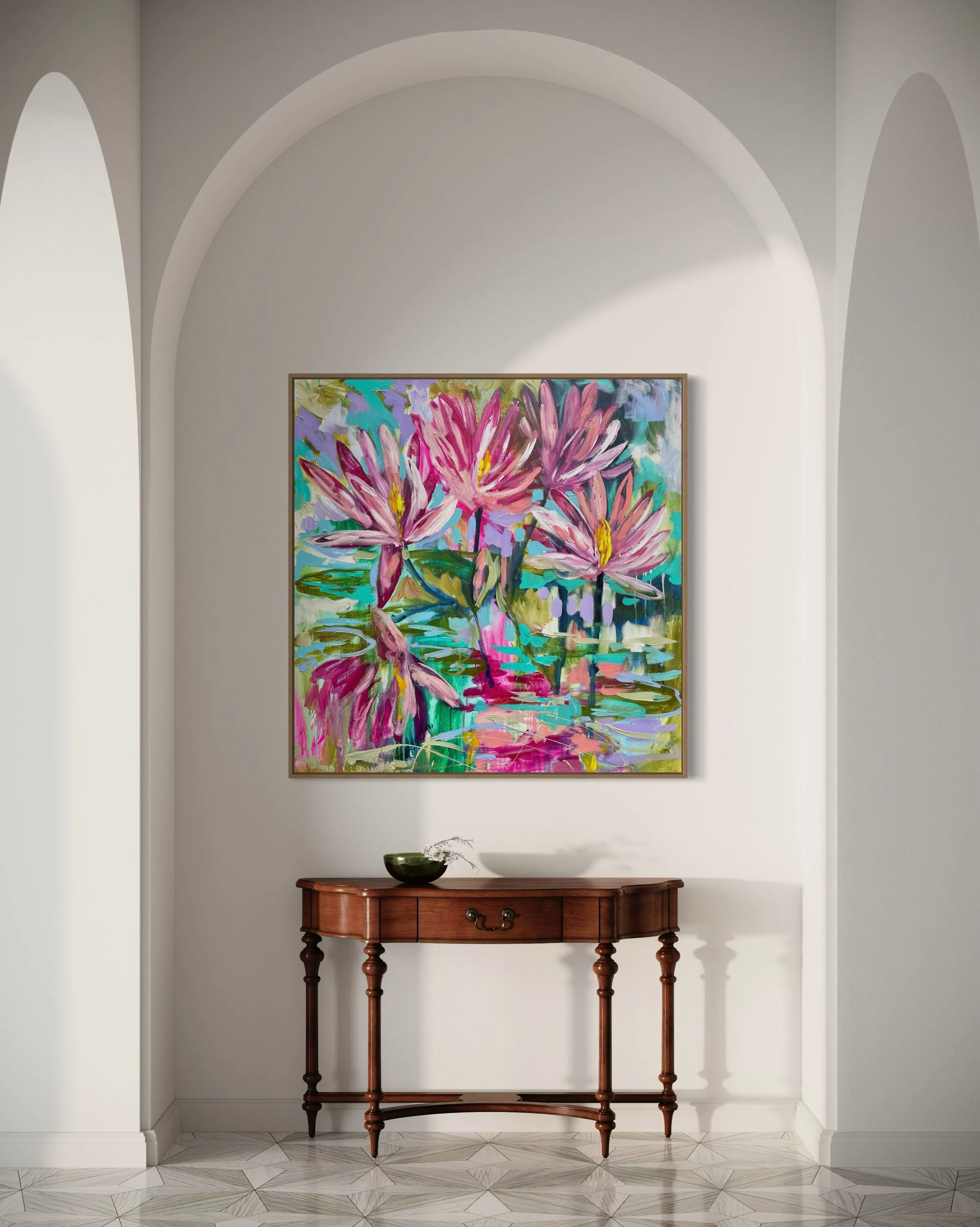 Magenta waterlily -original on belgian linen  - 90x90 Cm