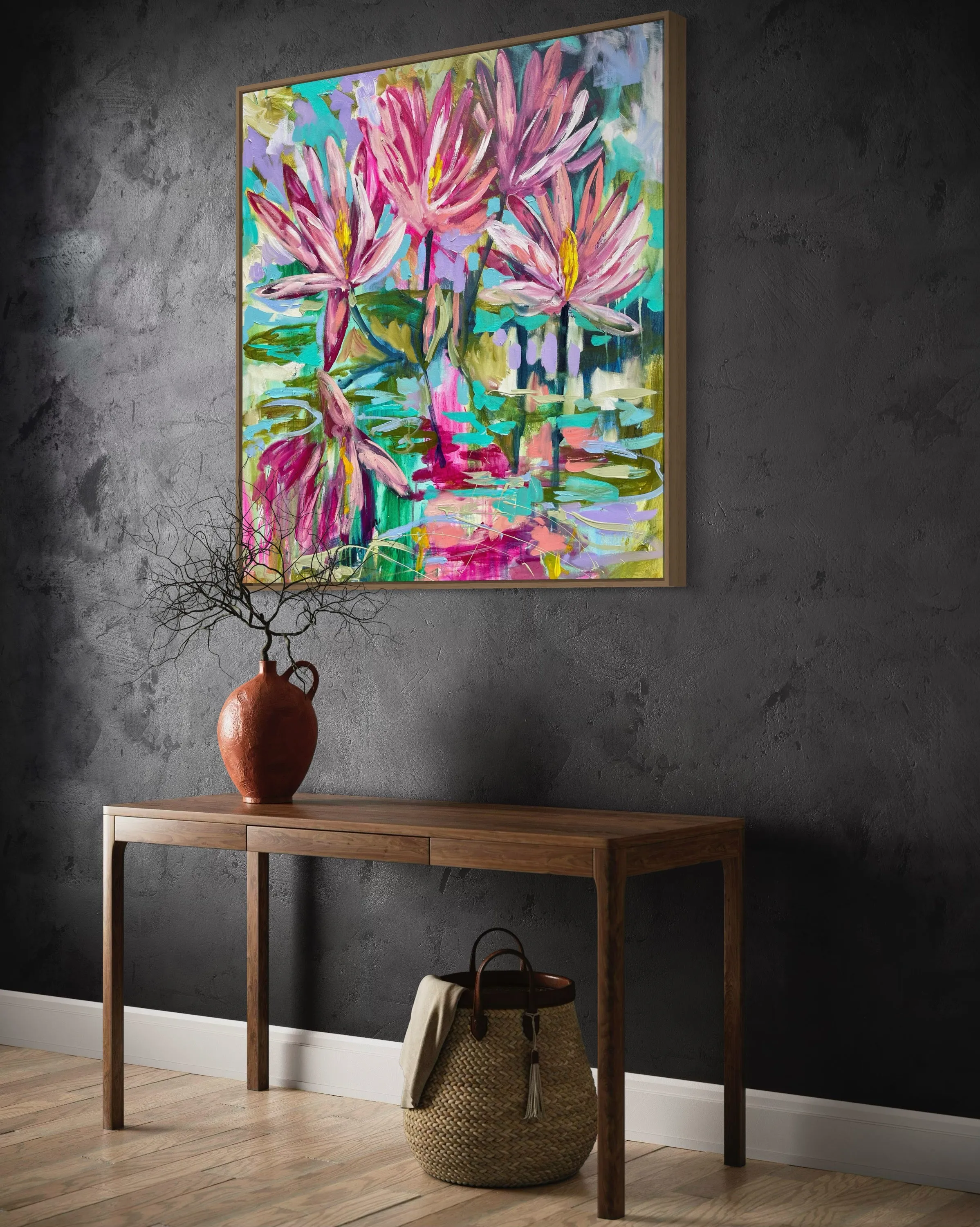 Magenta waterlily -original on belgian linen  - 90x90 Cm