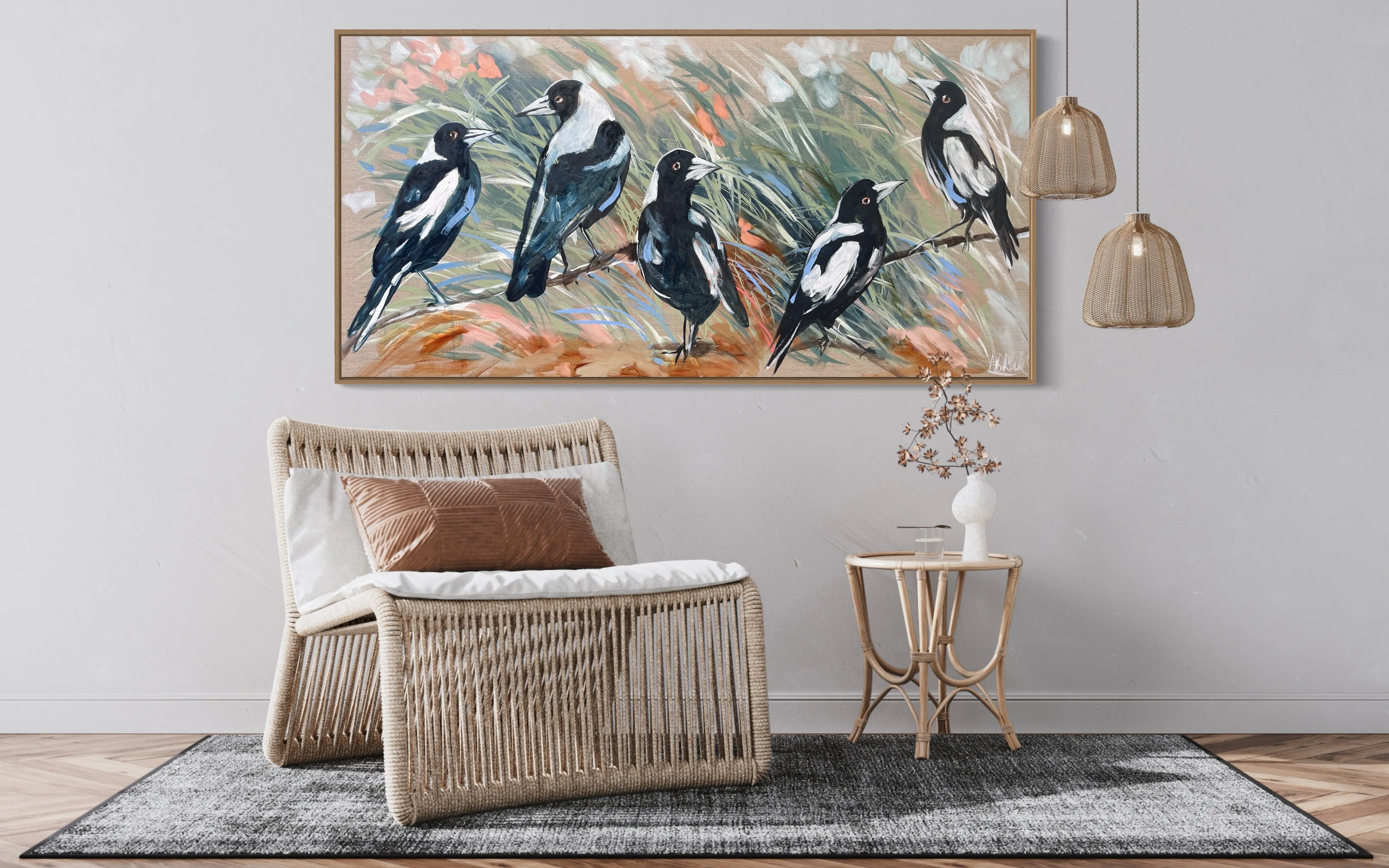 Magpie familly -  Original on Belgian linen  75x150 Cm