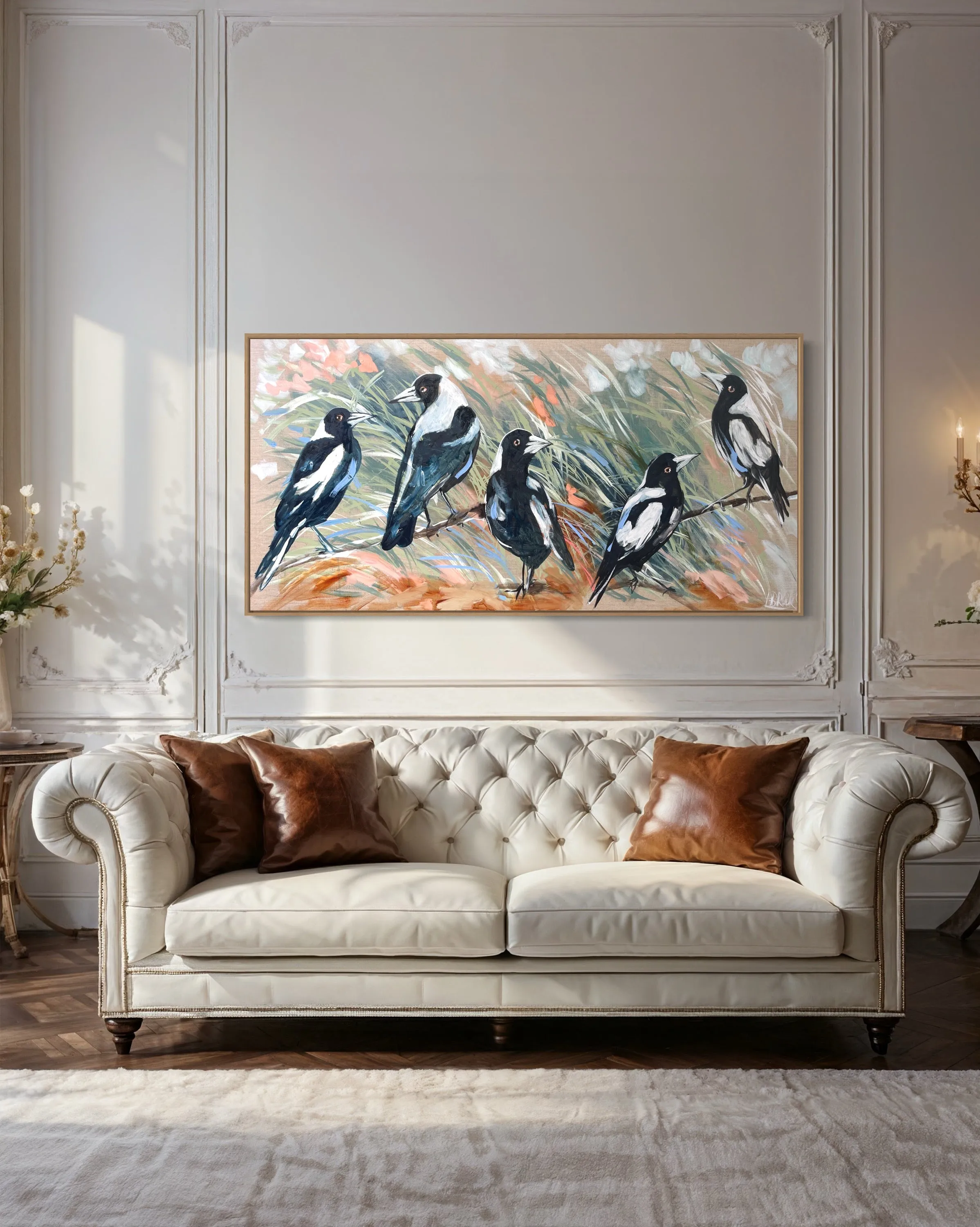 Magpie familly -  Original on Belgian linen  75x150 Cm