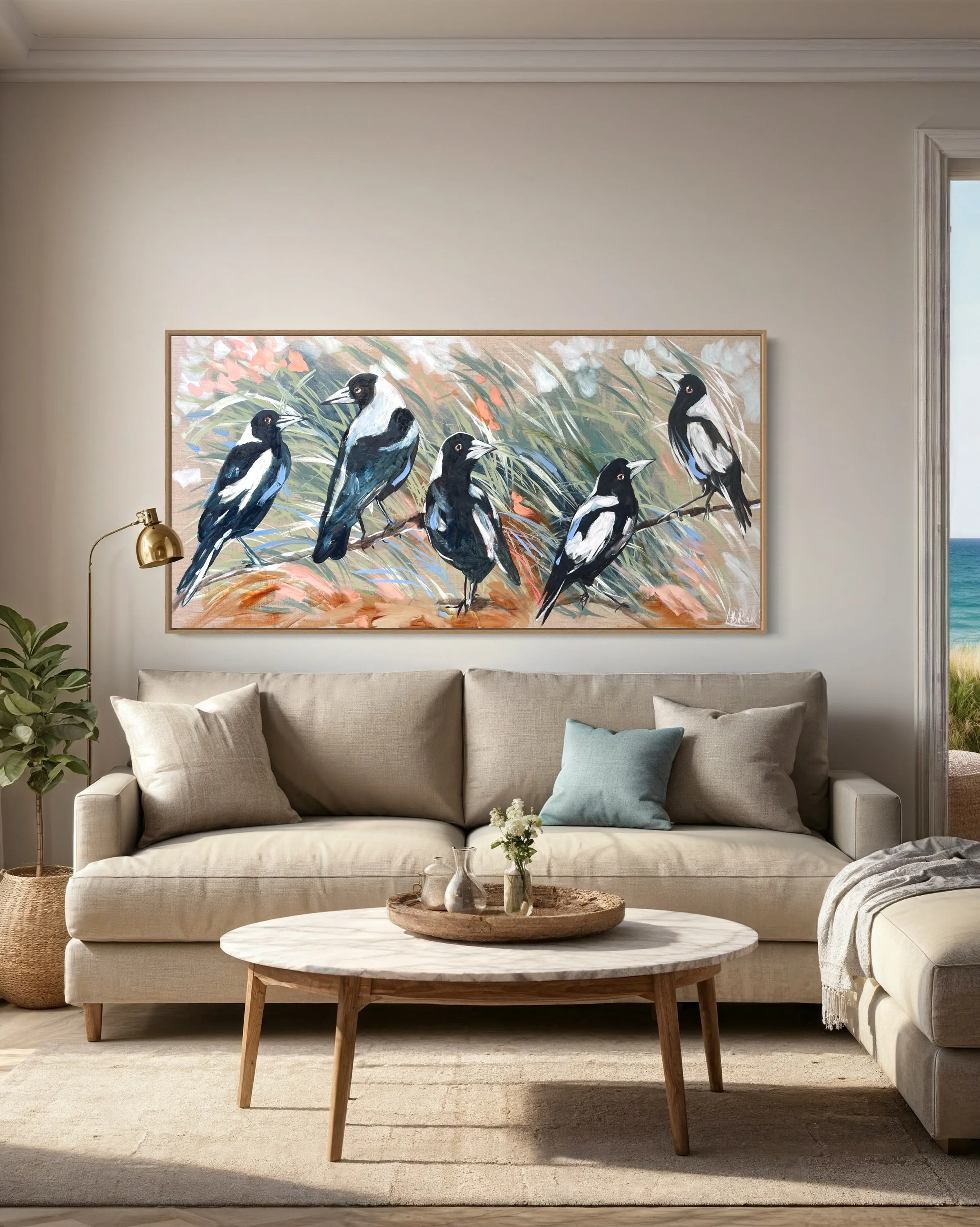 Magpie familly -  Original on Belgian linen  75x150 Cm