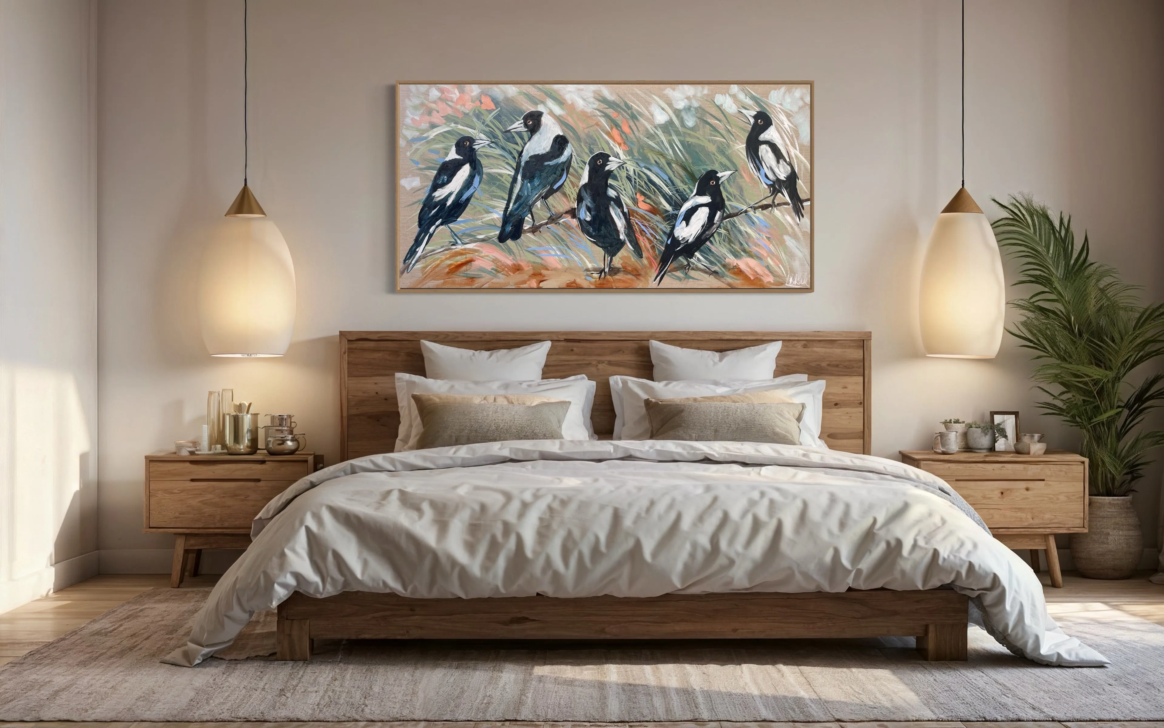 Magpie familly -  Original on Belgian linen  75x150 Cm