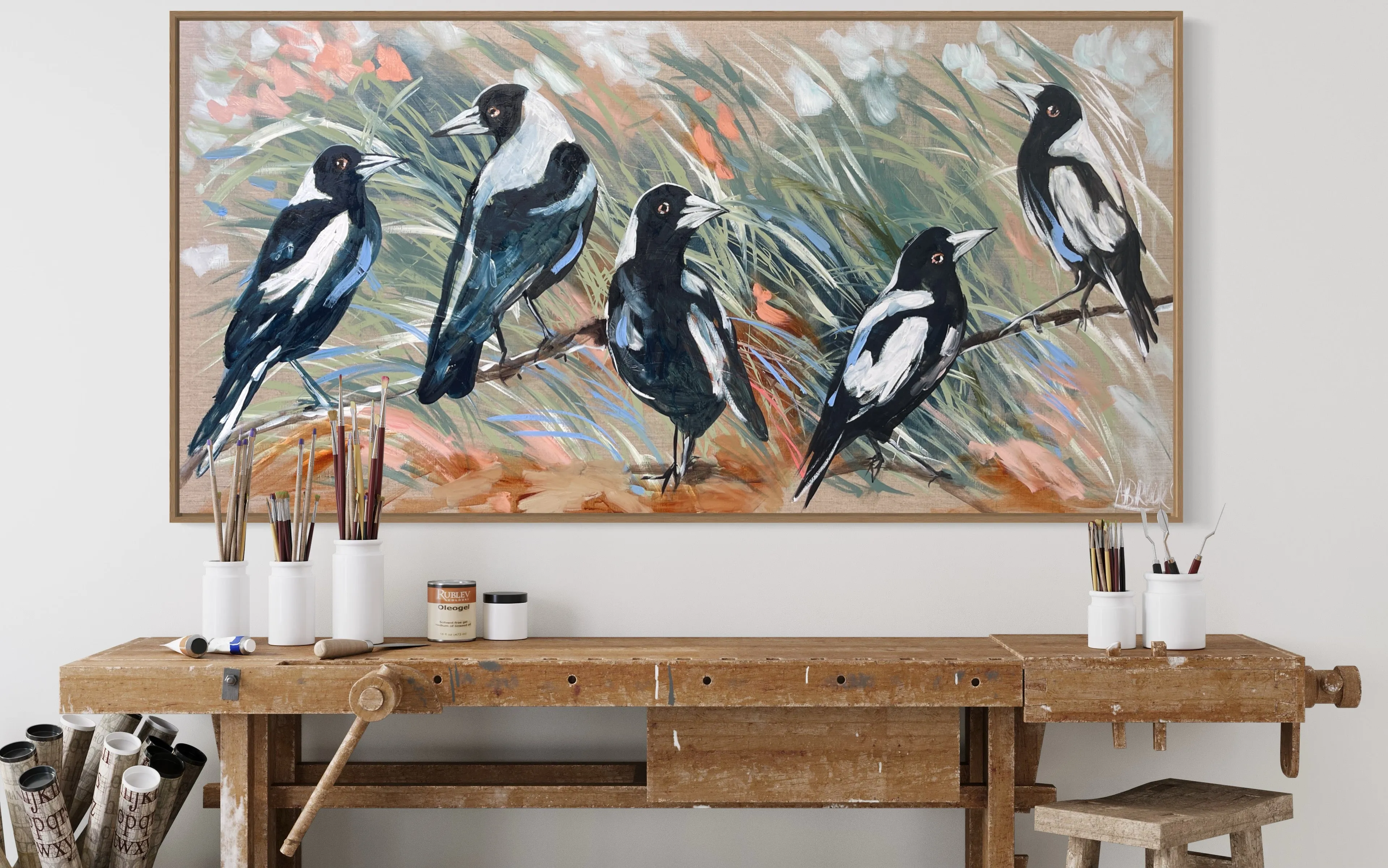 Magpie familly -  Original on Belgian linen  75x150 Cm