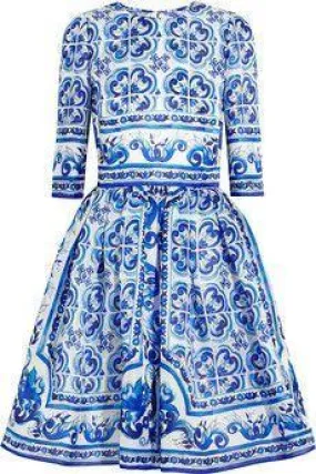 'Majolica' Tile Printed A-Line Silk Dress - Blue & White