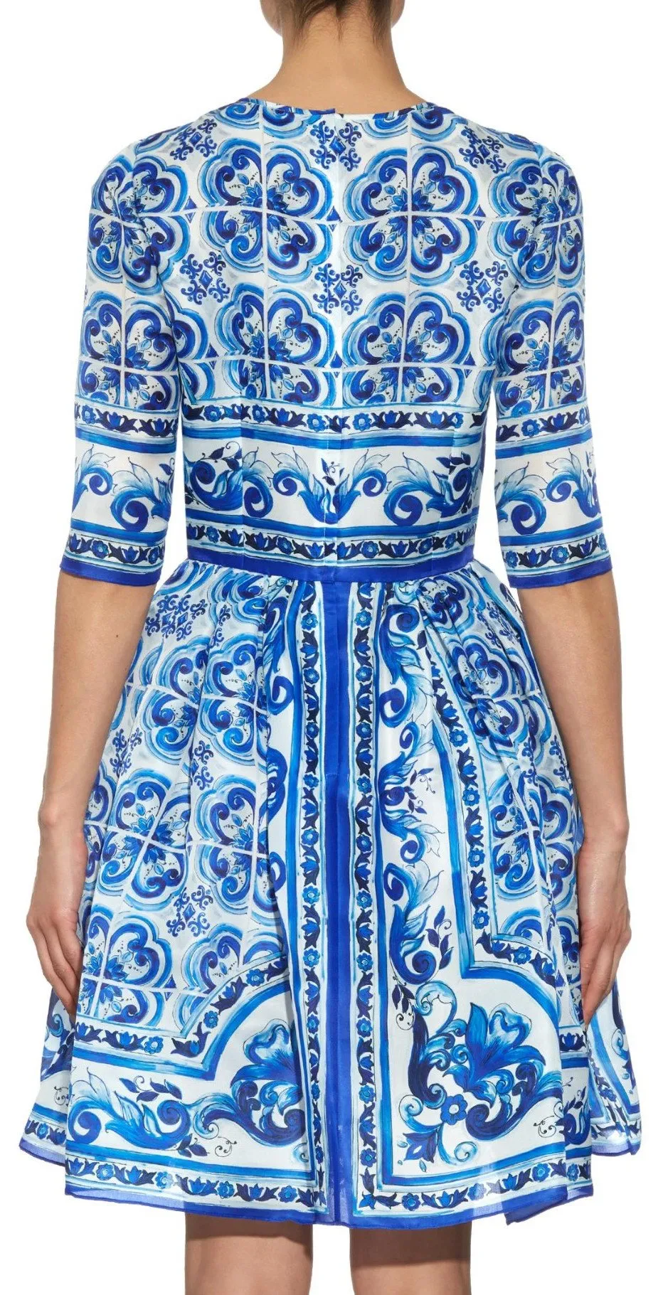 'Majolica' Tile Printed A-Line Silk Dress - Blue & White