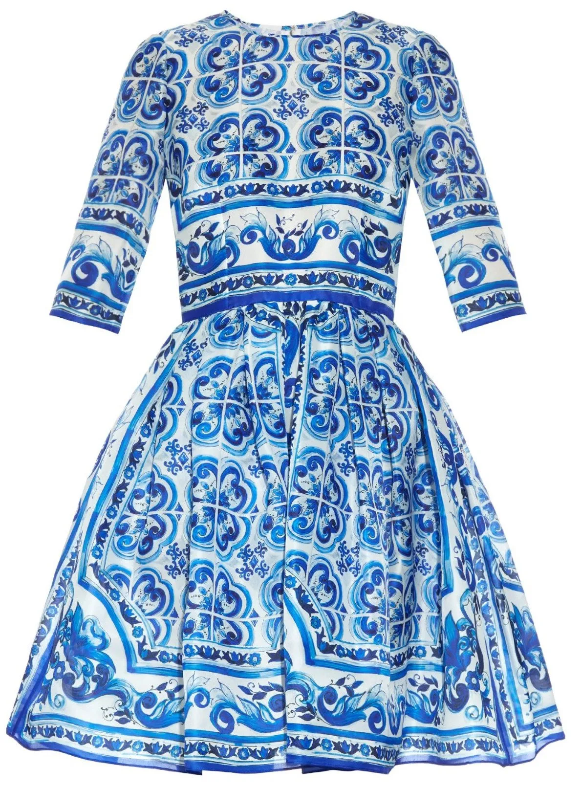 'Majolica' Tile Printed A-Line Silk Dress - Blue & White