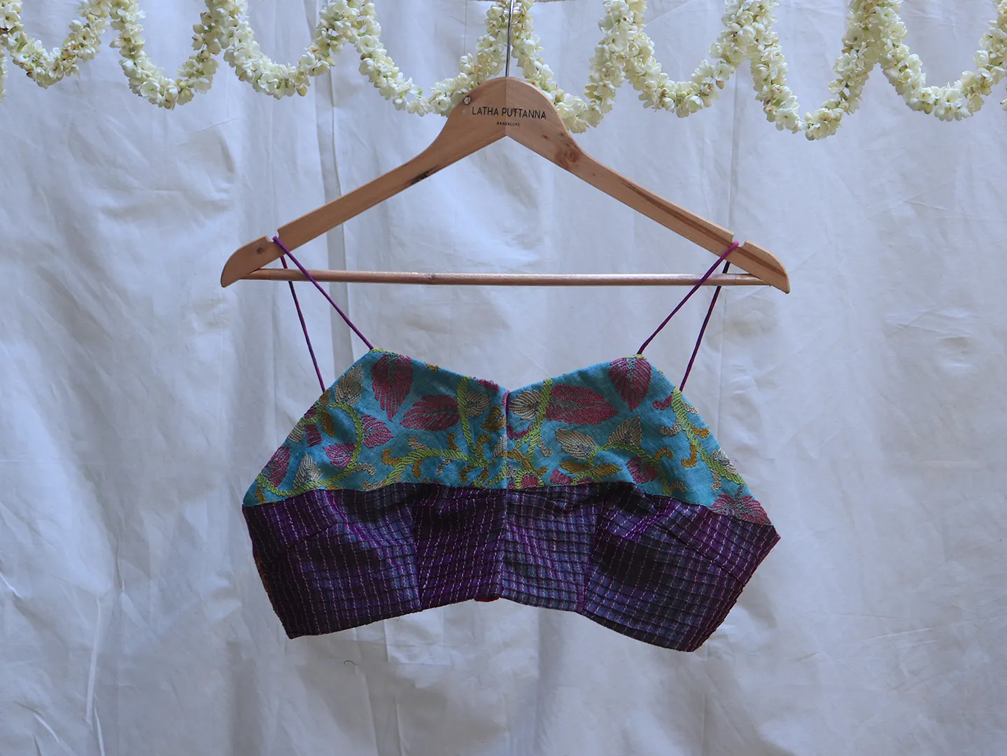 Mauve purple and mint green, cotton and Karnataka silk, Hand embroidery bralette