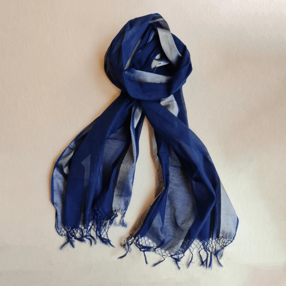 Midnight Blue & Silver Handwoven Fine Silk-Cotton Scarf/Stole