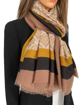 MUSTARD YELLOW METALLIC PAISLEY PRINT PASHMINA SHAWL SCARF WITH STRIPES