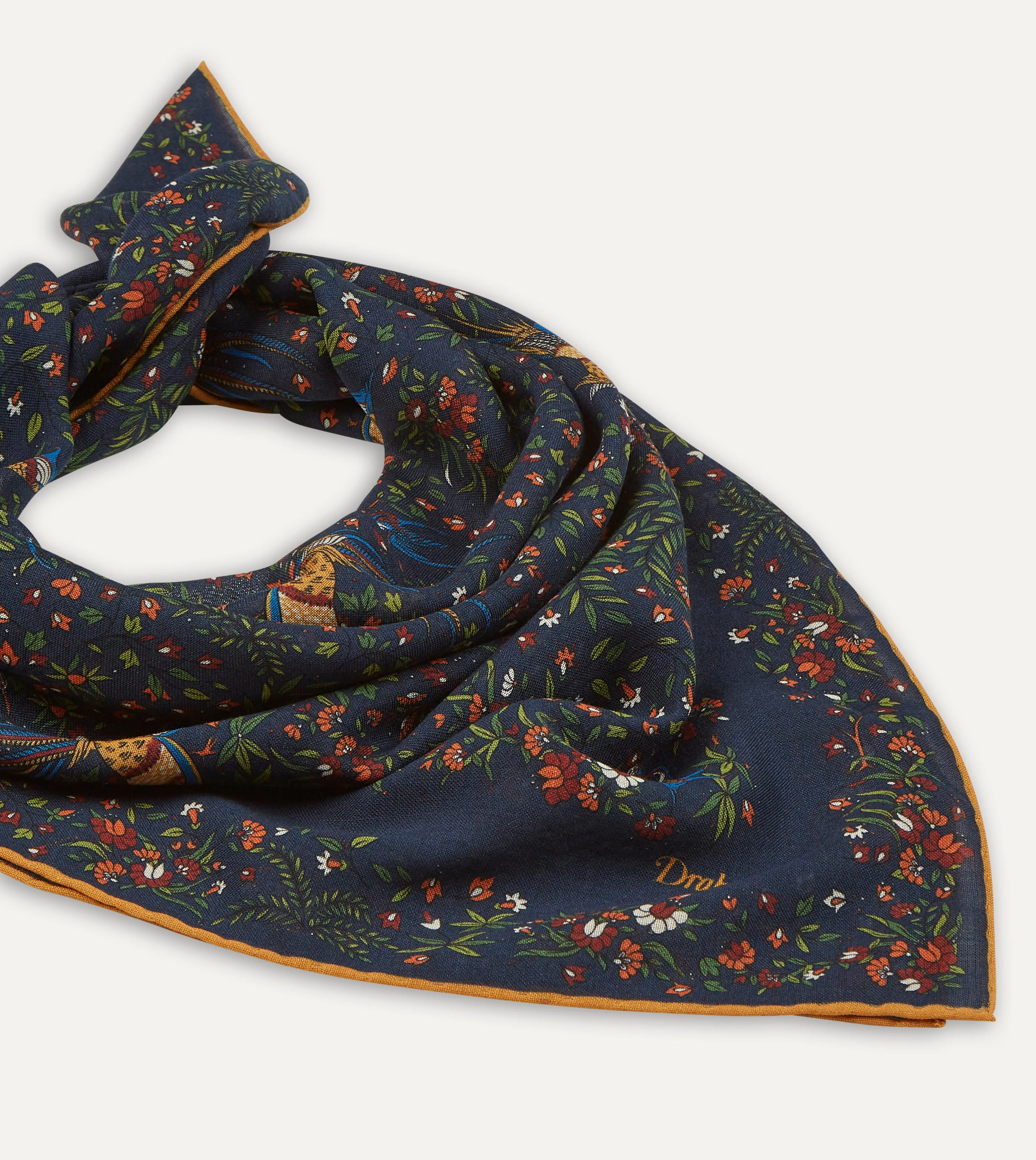 Navy Birds of Paradise Print Wool-Silk Square Scarf