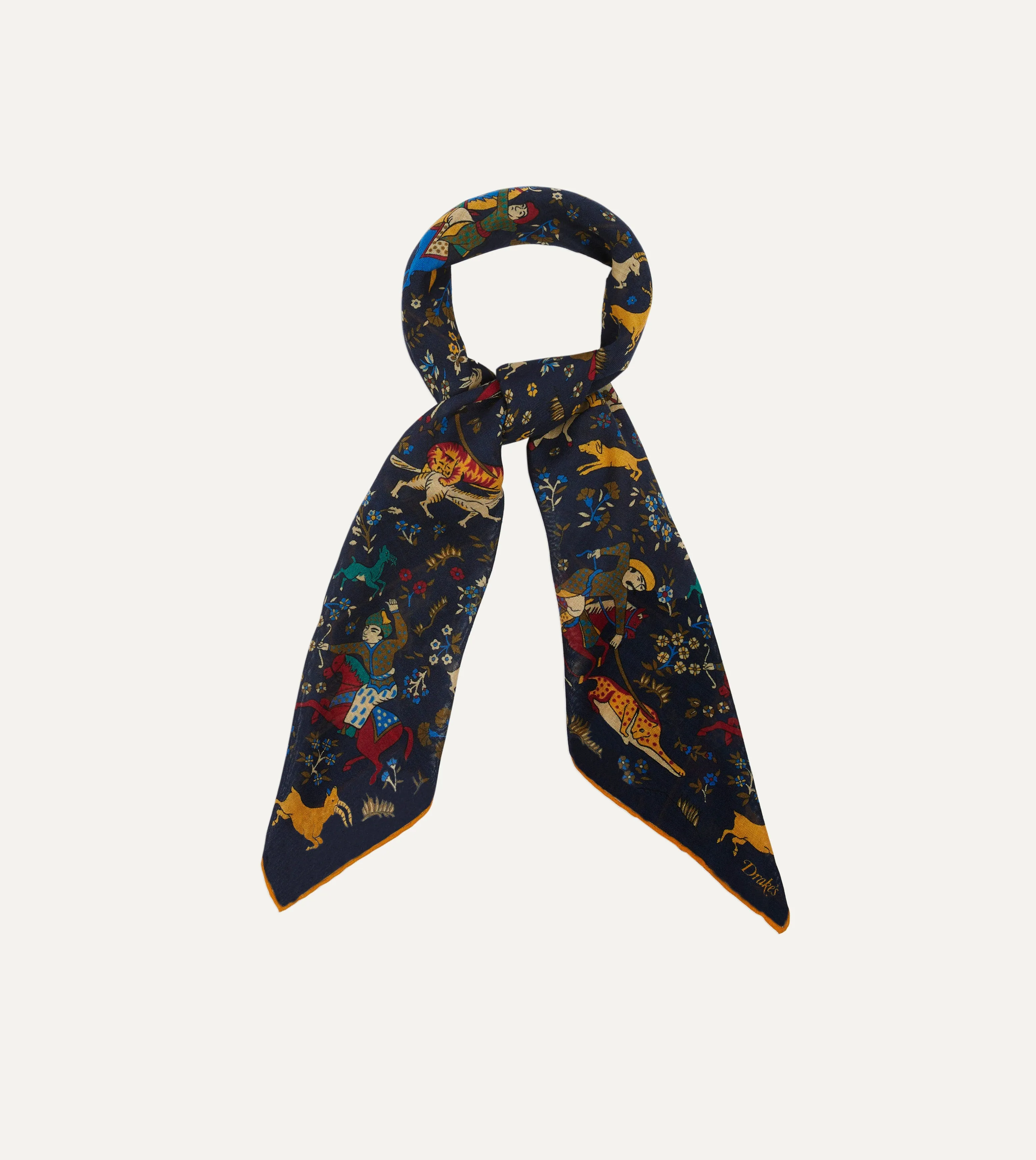 Navy Mughal Print Wool-Silk Square Scarf