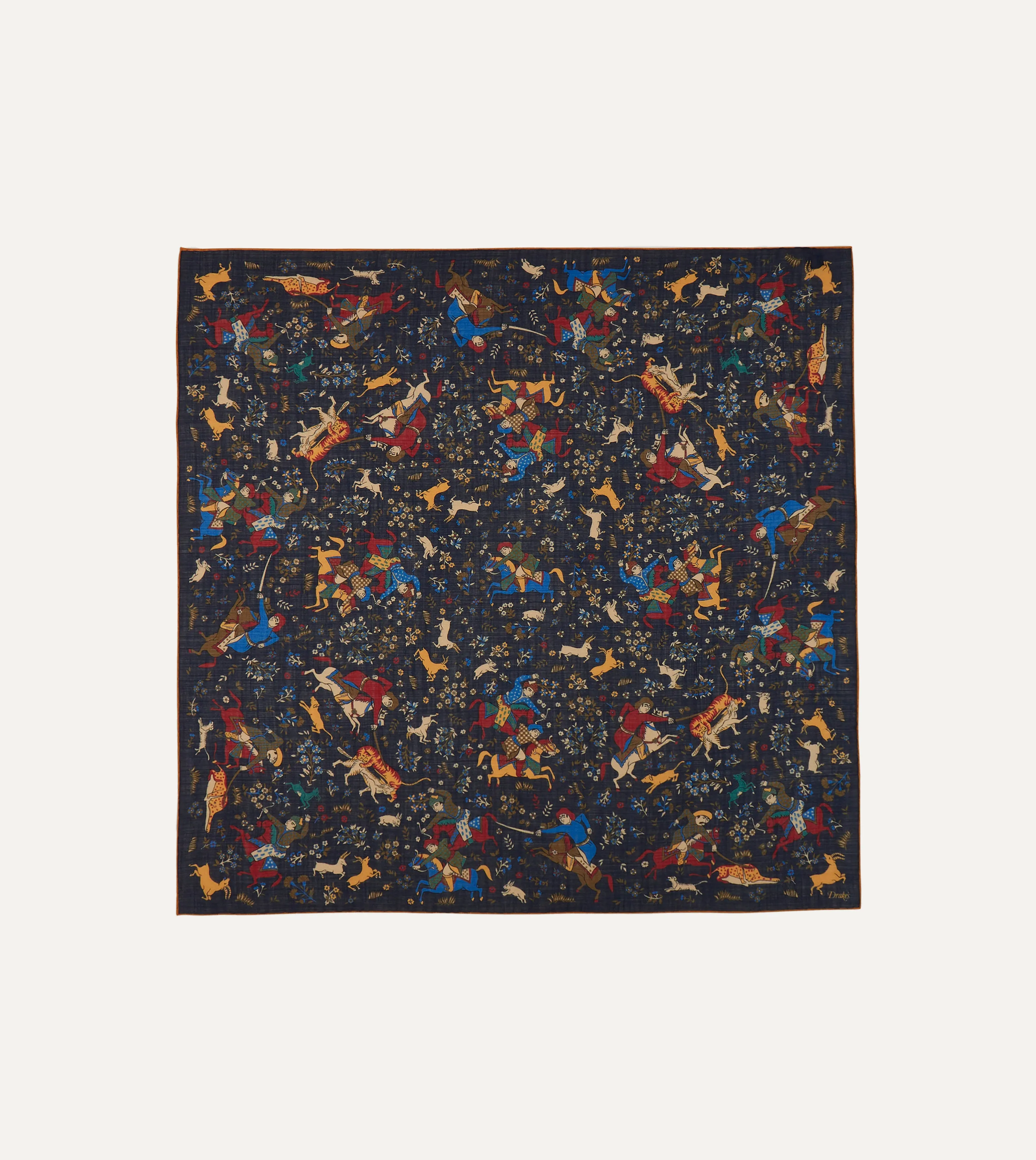 Navy Mughal Print Wool-Silk Square Scarf