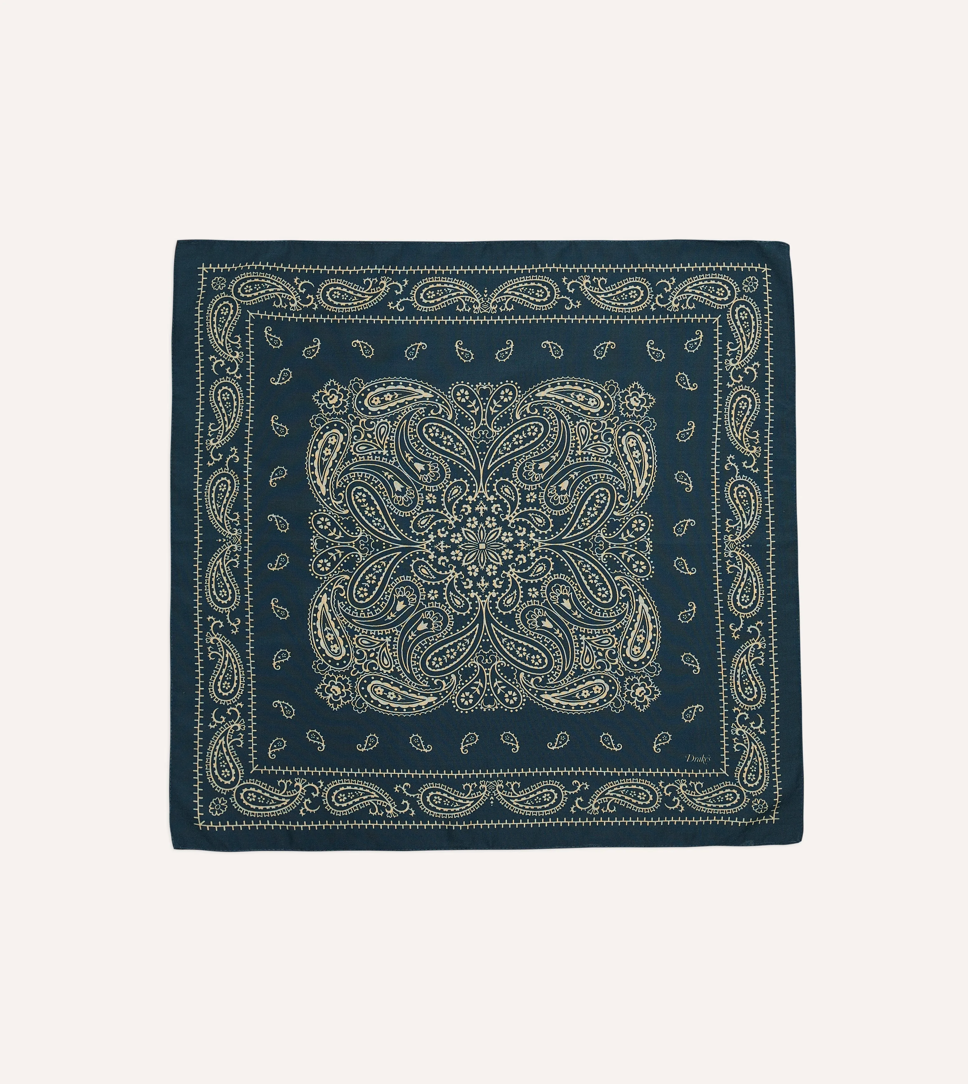 Navy Paisley Print Wool-Silk Bandana