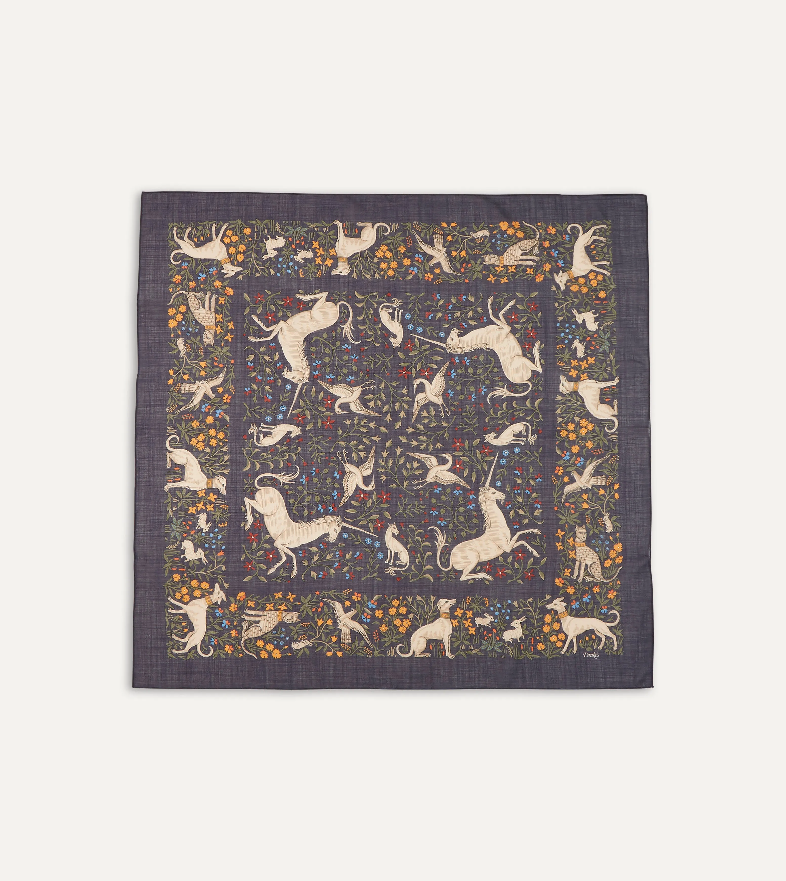 Navy Unicorn Print Wool-Silk Square Scarf