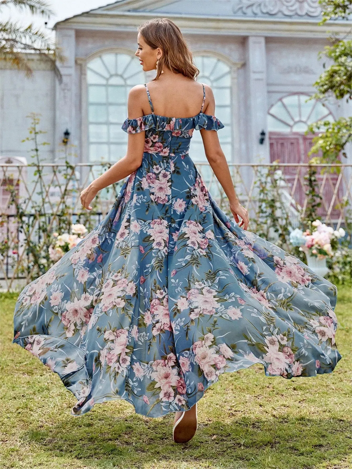 Off The Shoulder High Low Elegant Floral Chiffon Dress