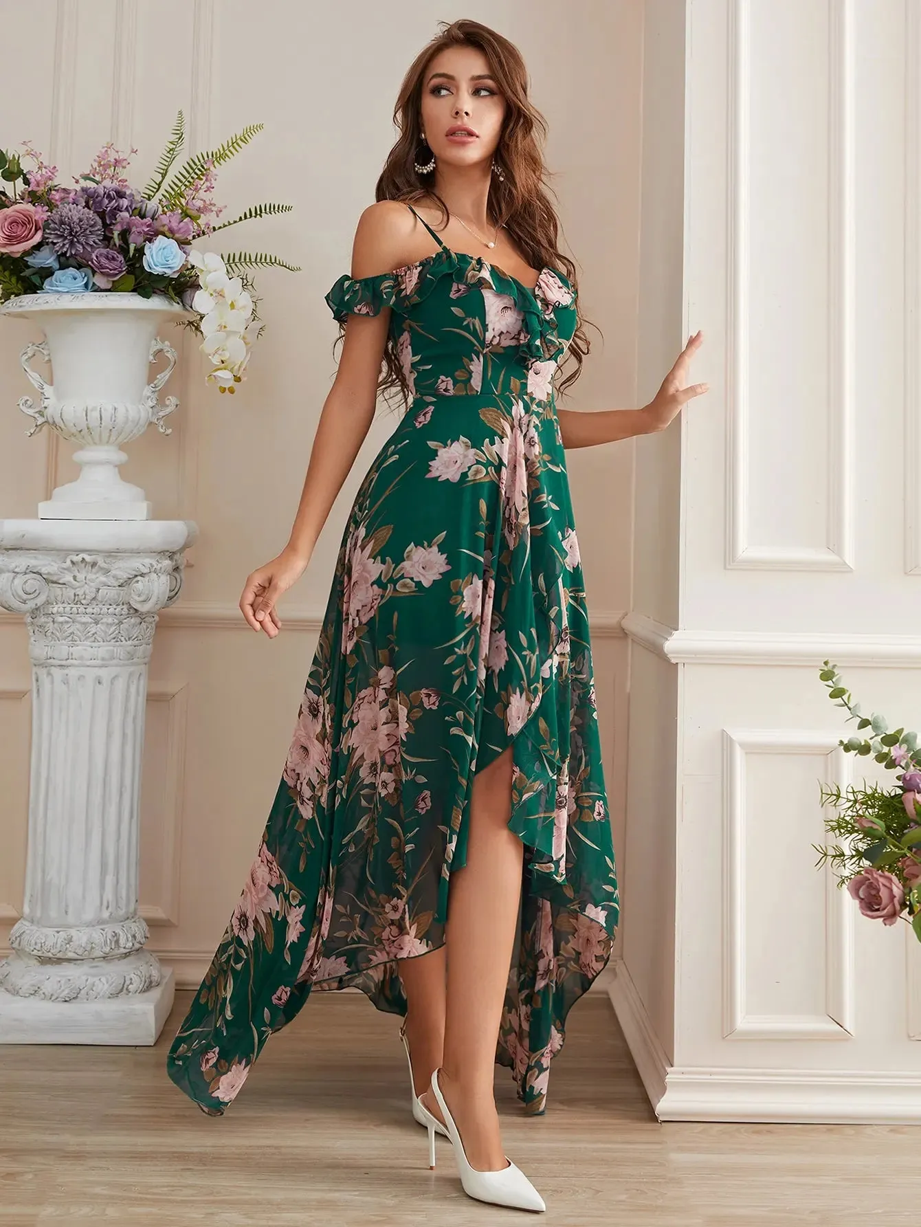 Off The Shoulder High Low Elegant Floral Chiffon Dress