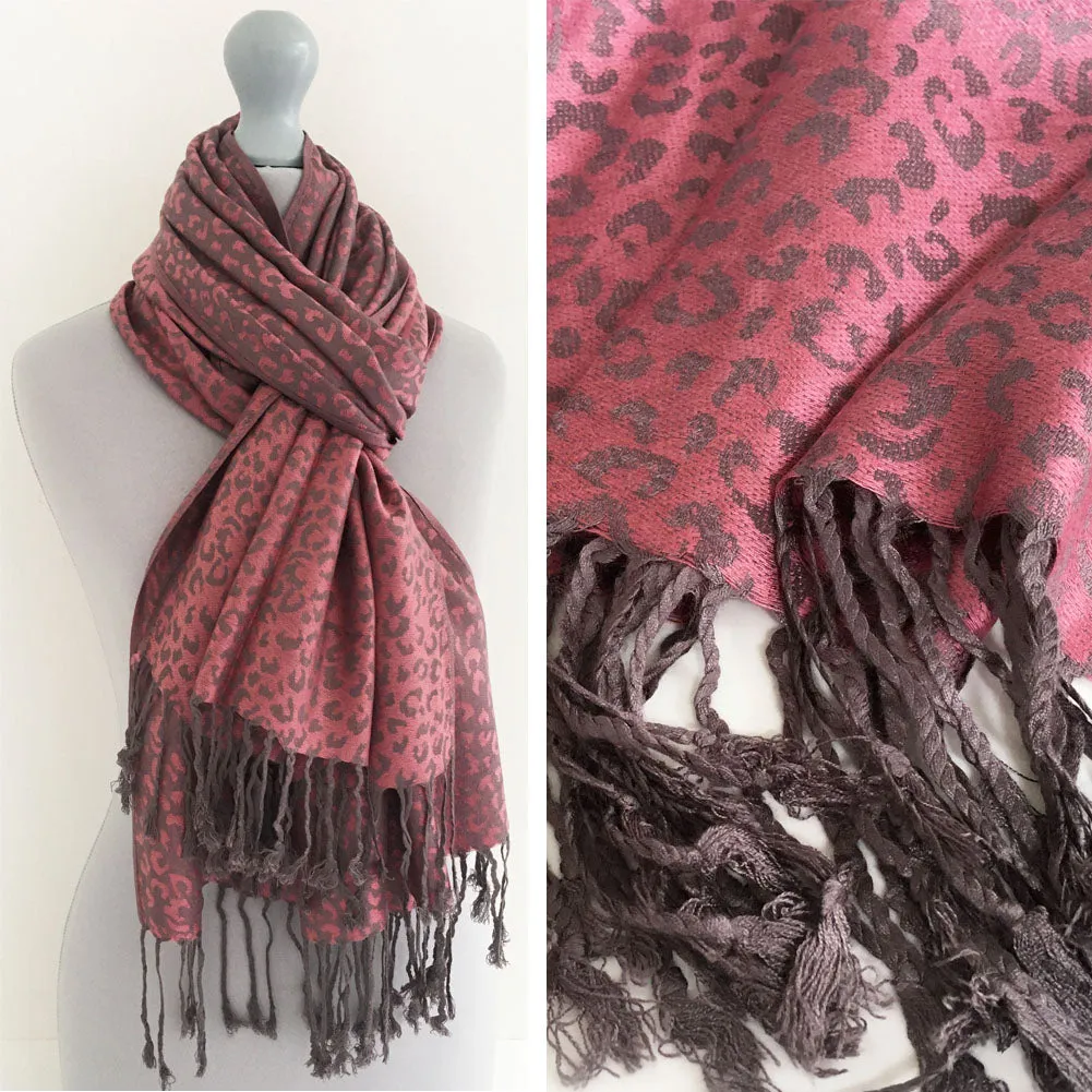 PINK SMALL LEOPARD PRINT REVERSIBLE PASHMINA SHAWL SCARF