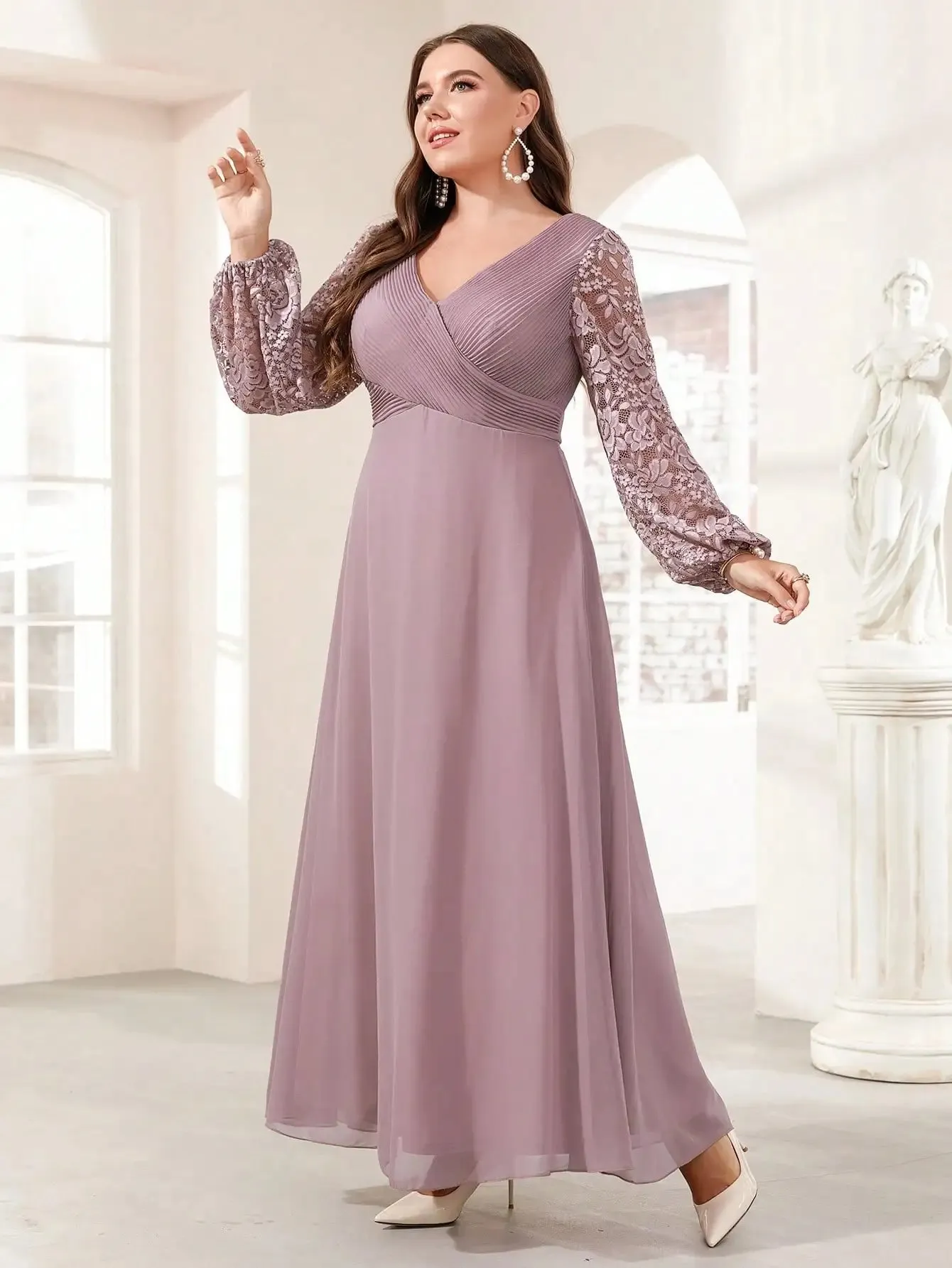 Plus Size Lace Long Sleeve Chiffon Evening Party Dress