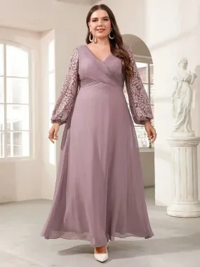 Plus Size Lace Long Sleeve Chiffon Evening Party Dress