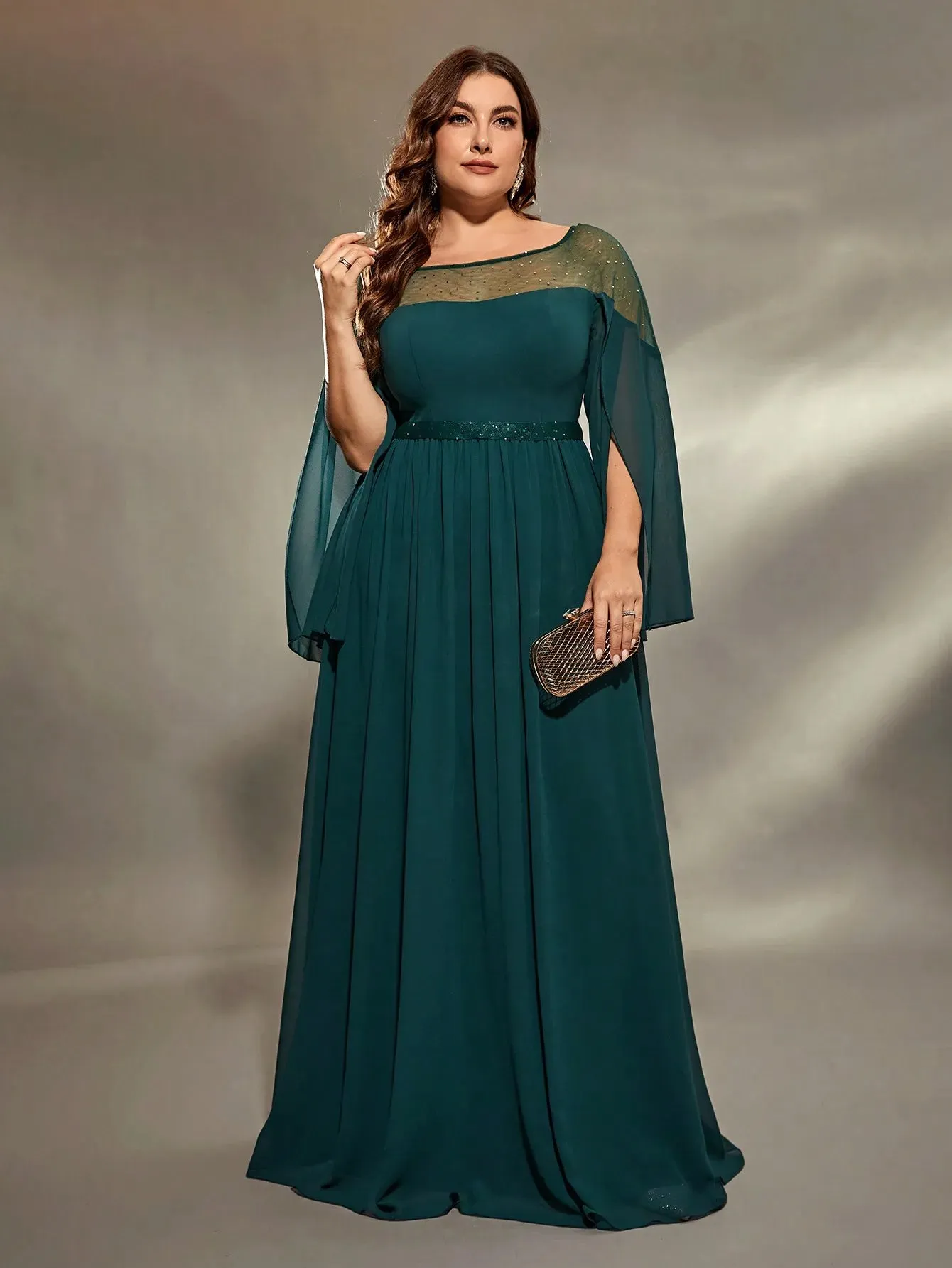 Plus Size Sheer Neckline Sequins Split Sleeve Evening Dress