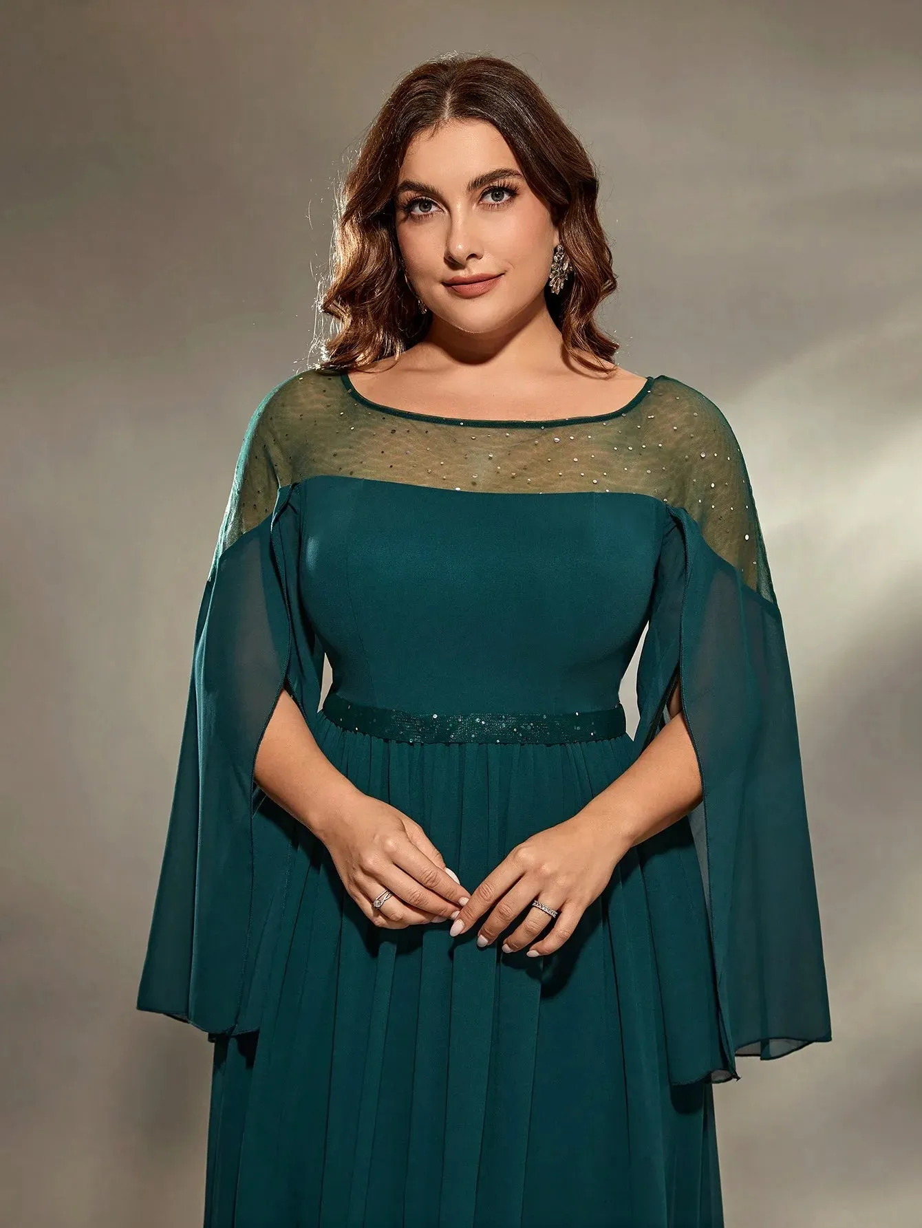 Plus Size Sheer Neckline Sequins Split Sleeve Evening Dress