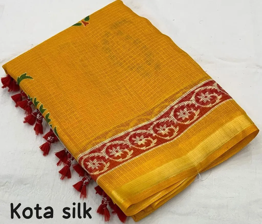 Printed Kota Silk Yellow Party wear Women's Saree