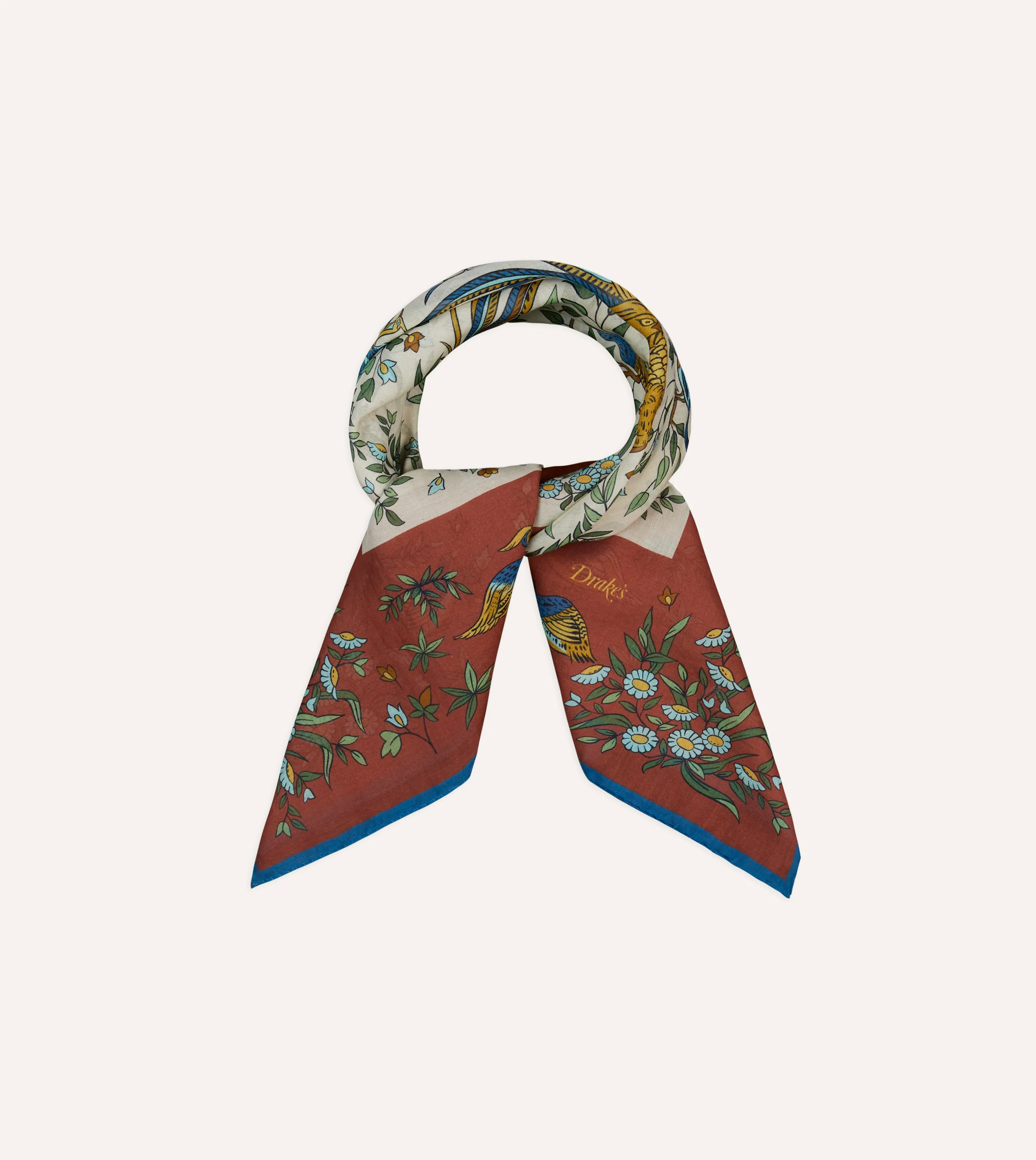 Red and Ecru Birds of Paradise Print Cotton-Silk Bandana