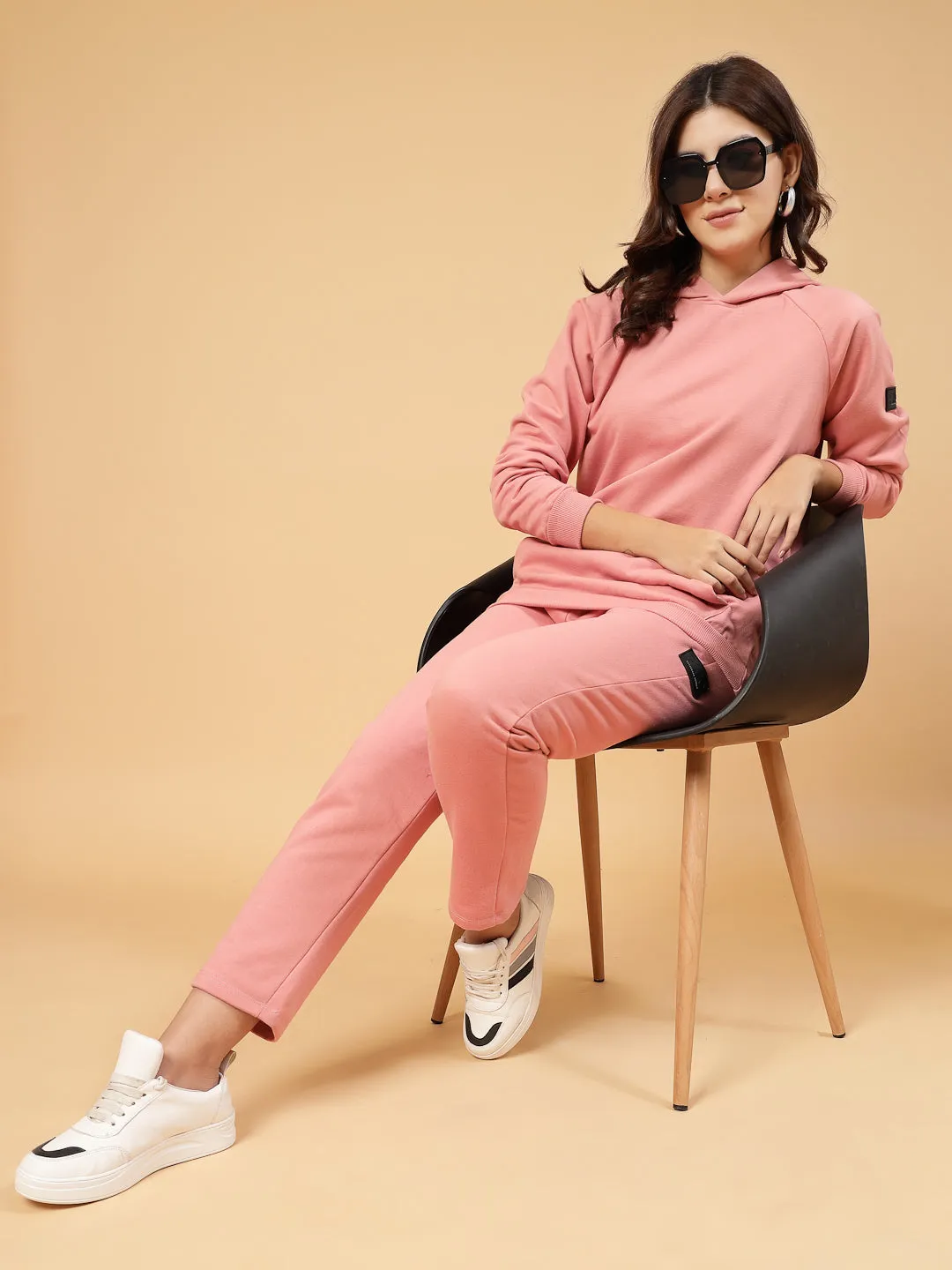 Rigo Women Peach Oversized Solid Fleece Co-ord