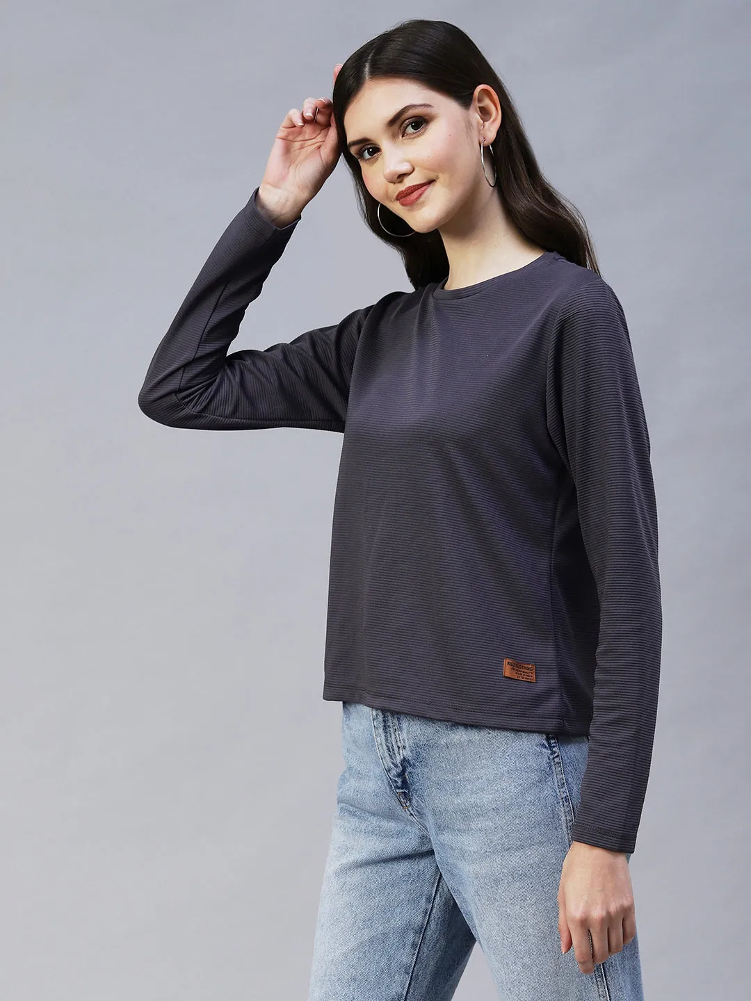 Round Neck Full Sleeves Poly Corduroy Top