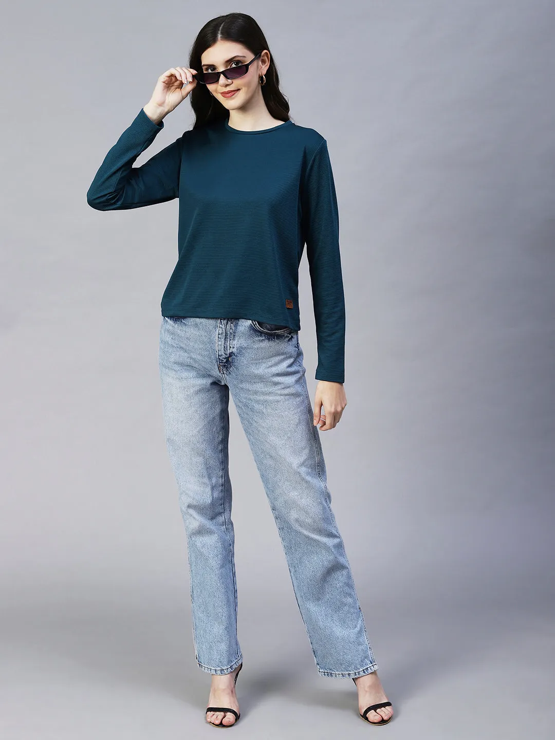 Round Neck Full Sleeves Poly Corduroy Top