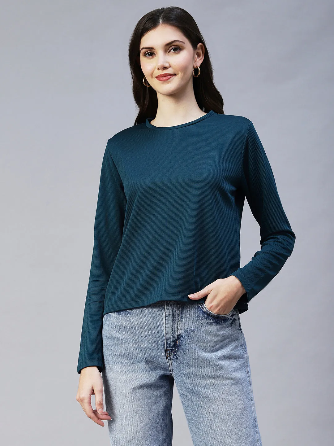 Round Neck Full Sleeves Poly Corduroy Top