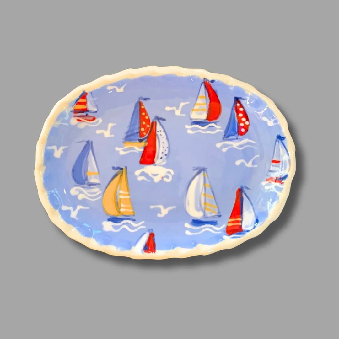 Sea Blue Sailboat Small Oval Tray