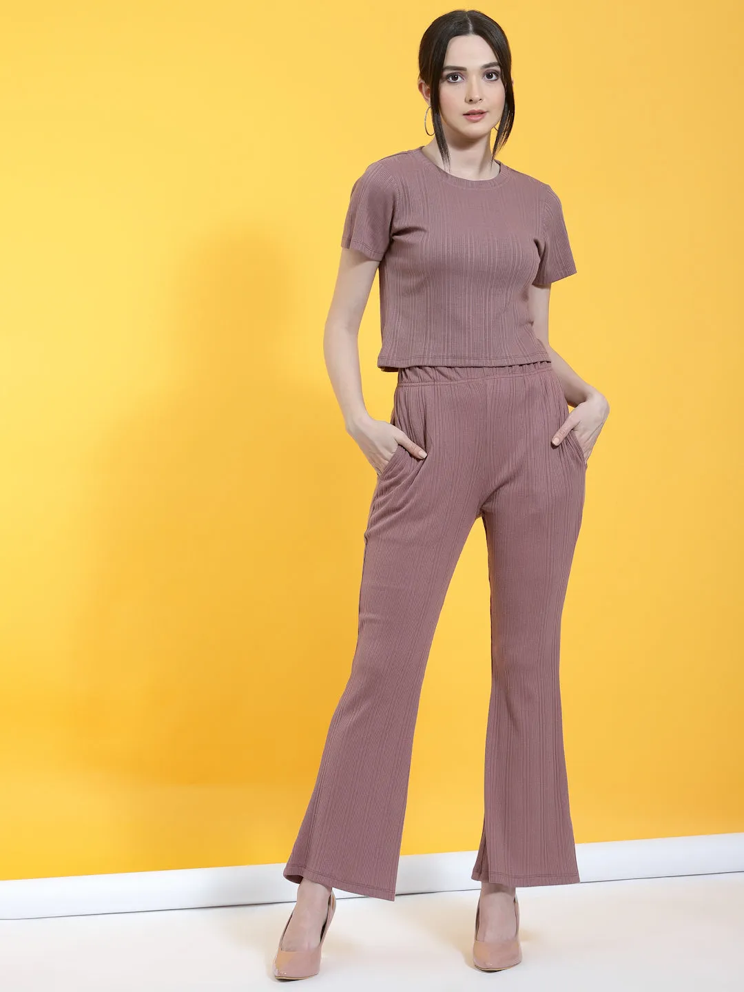 Self Textured Crop Top & Bell Bottoms With Pockets Co-Ord Set