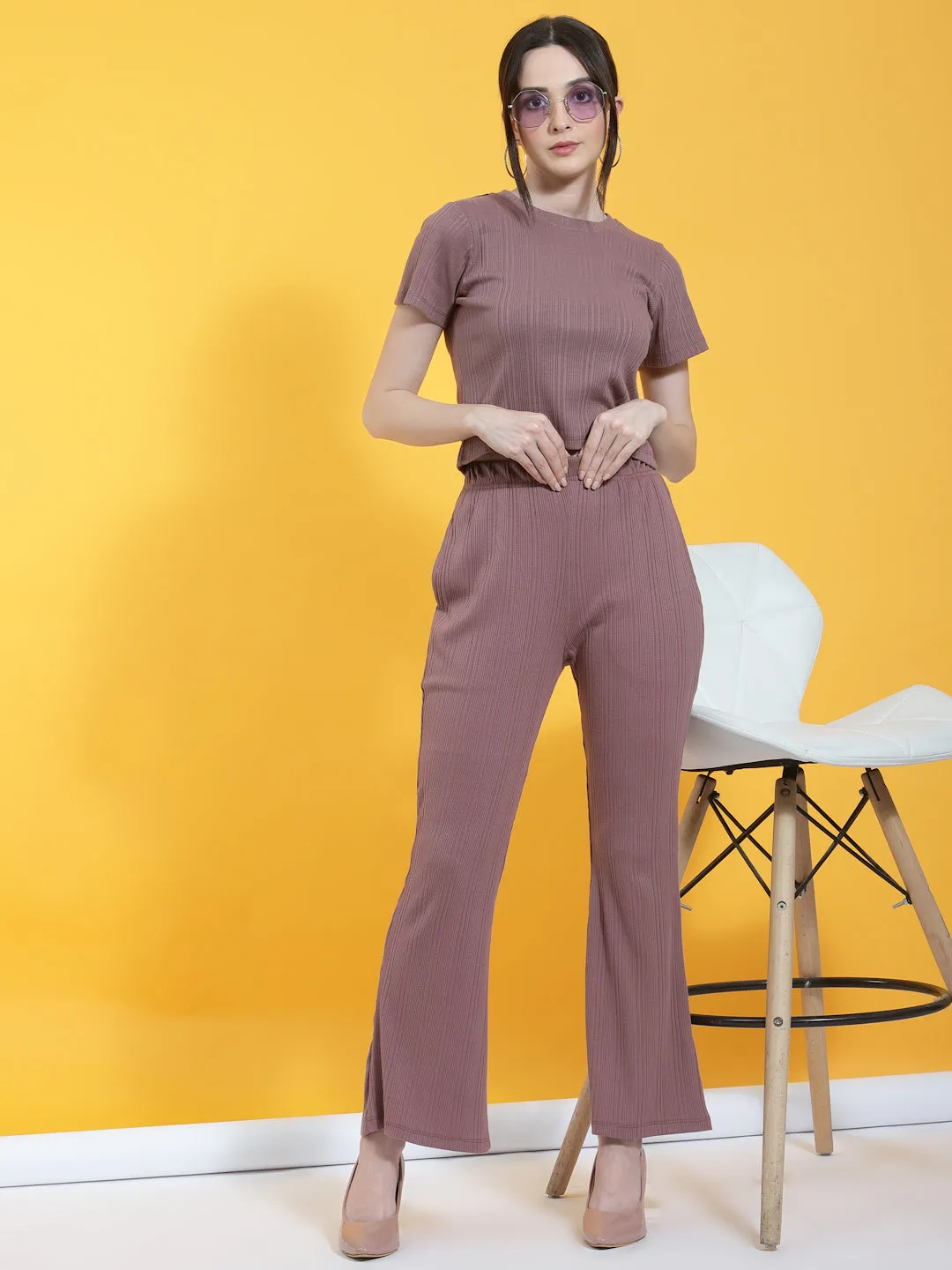 Self Textured Crop Top & Bell Bottoms With Pockets Co-Ord Set