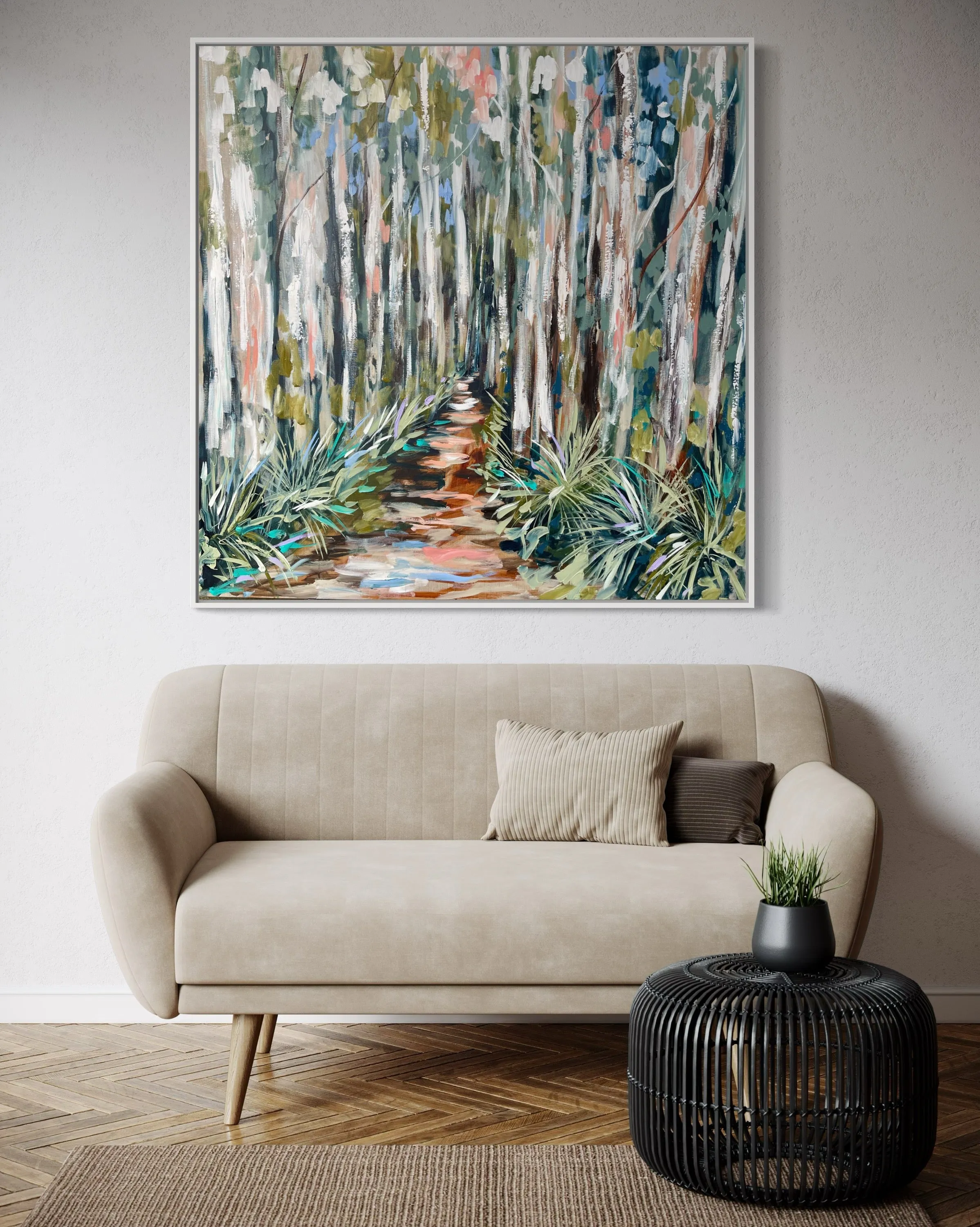 Shaded misty gum trail-Original on Belgian linen 120x120 Cm