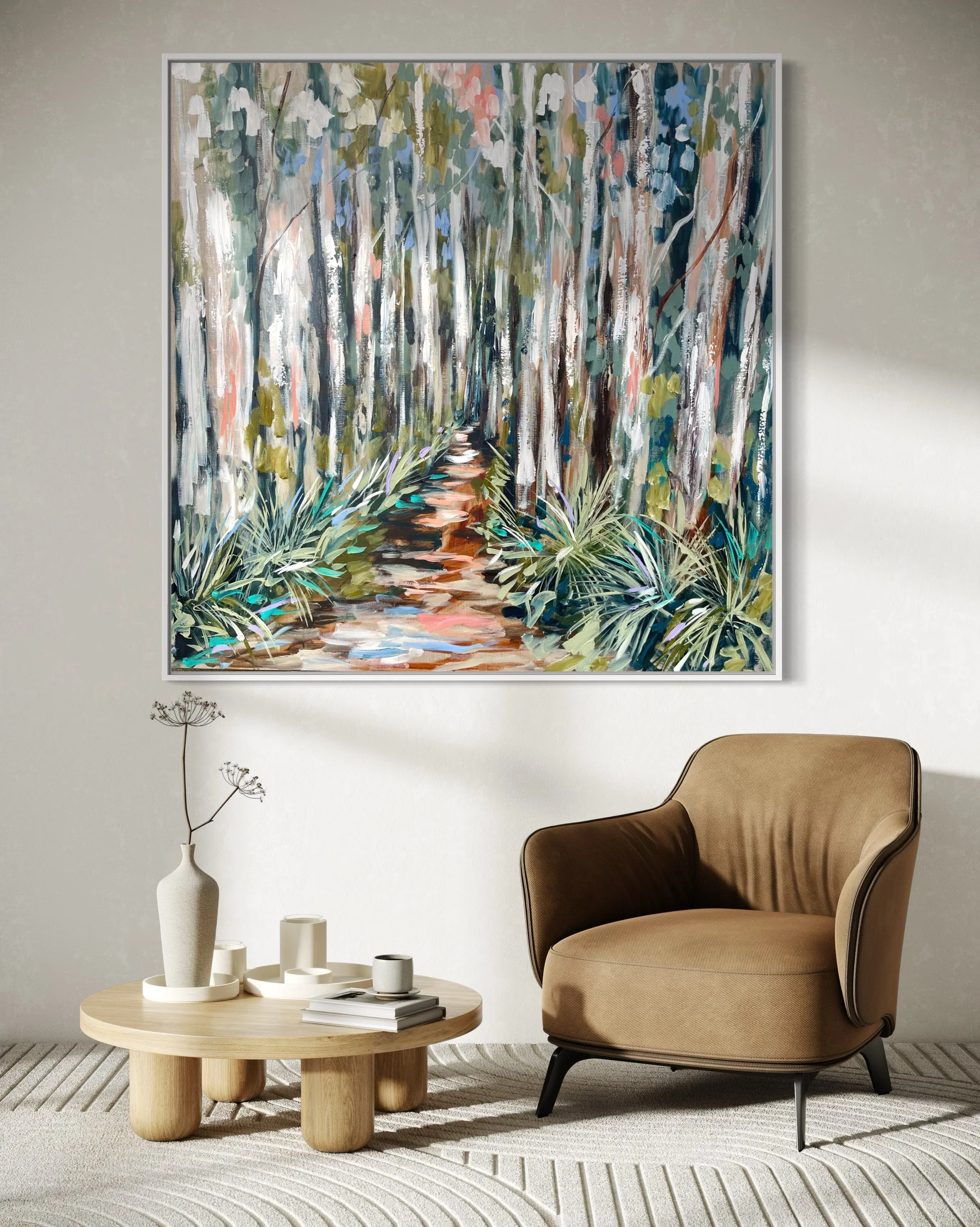 Shaded misty gum trail-Original on Belgian linen 120x120 Cm