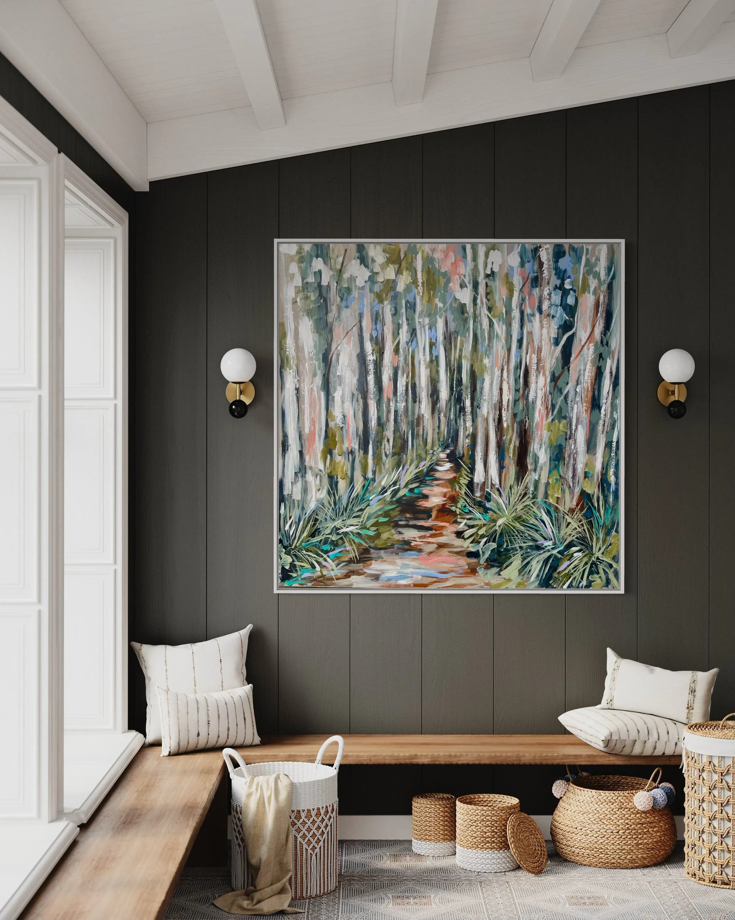 Shaded misty gum trail-Original on Belgian linen 120x120 Cm